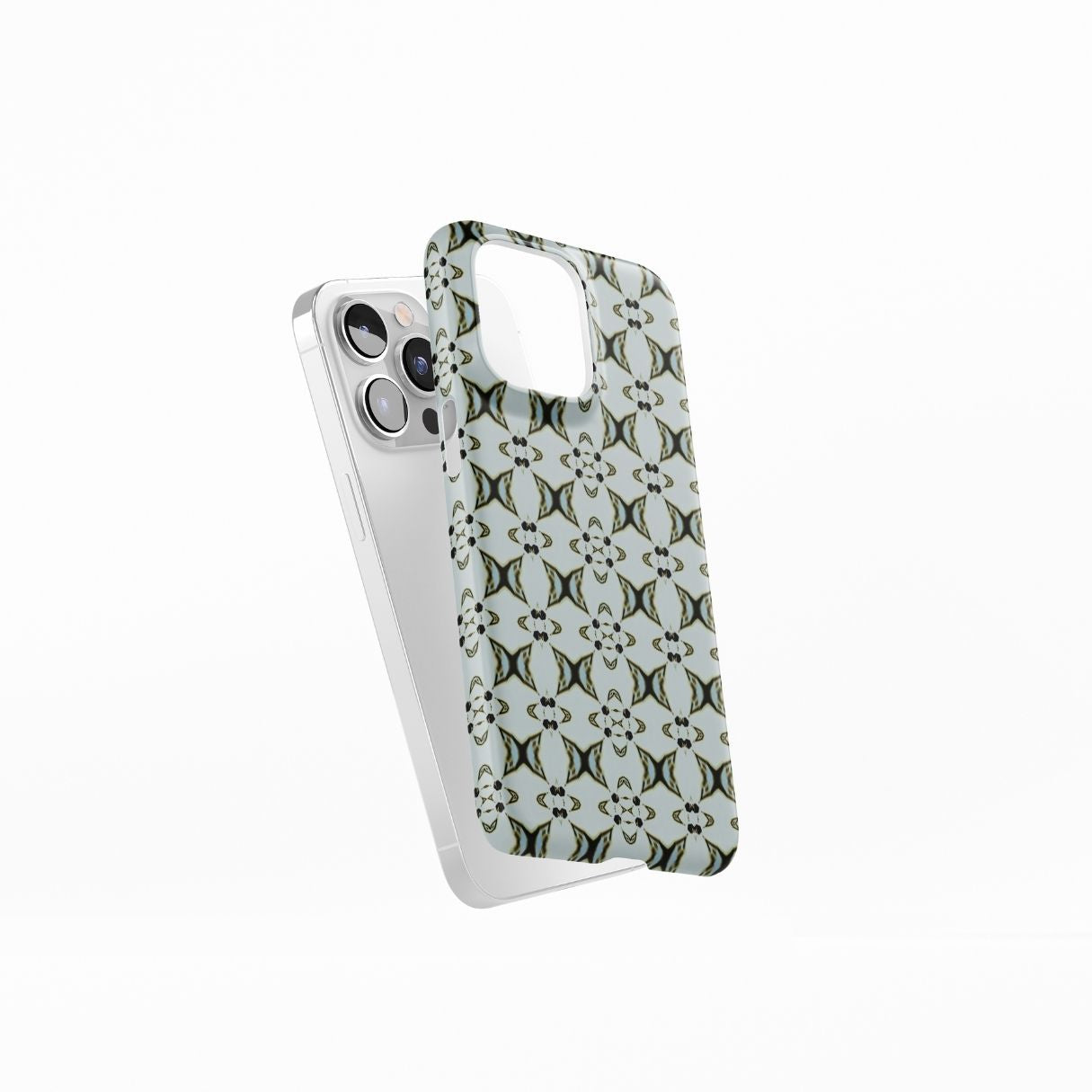 Ultra thin snap phone case ButterFly pattern design with a playful, bold expression of kaleidoscope form, featuring an elegant and expressive aesthetic design. Main color is light blue. Side view.