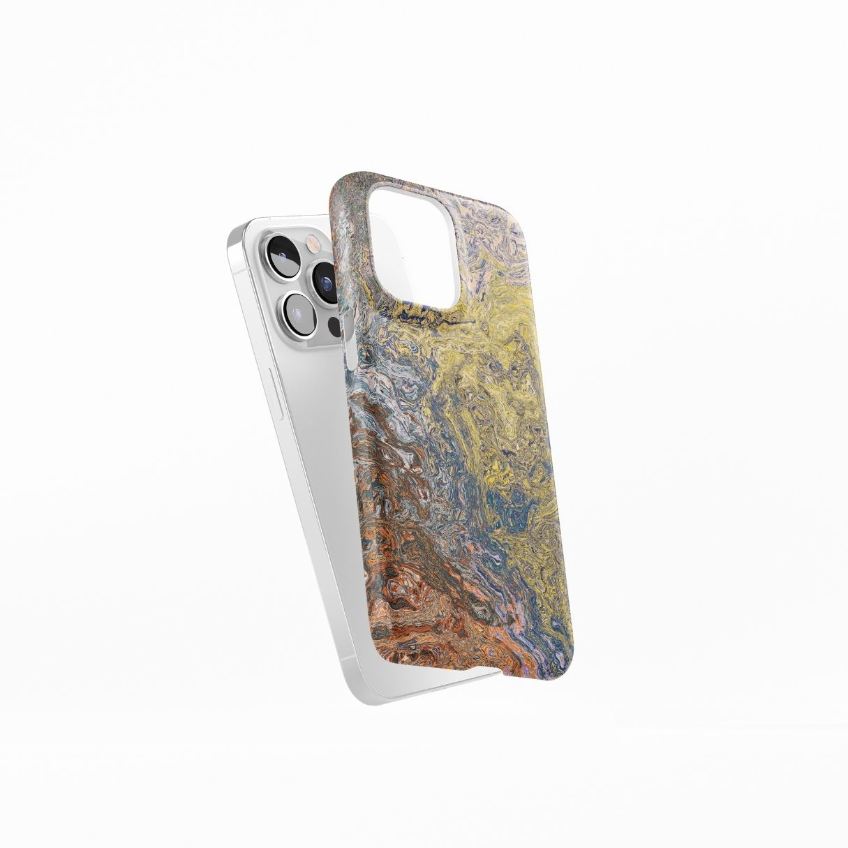 Snap phone case with a calm color pattern Chill Time abstract and artistic style, featuring an elegant and aesthetic design. Main colors are muted yellow, grey and orange, brown. Side view.
