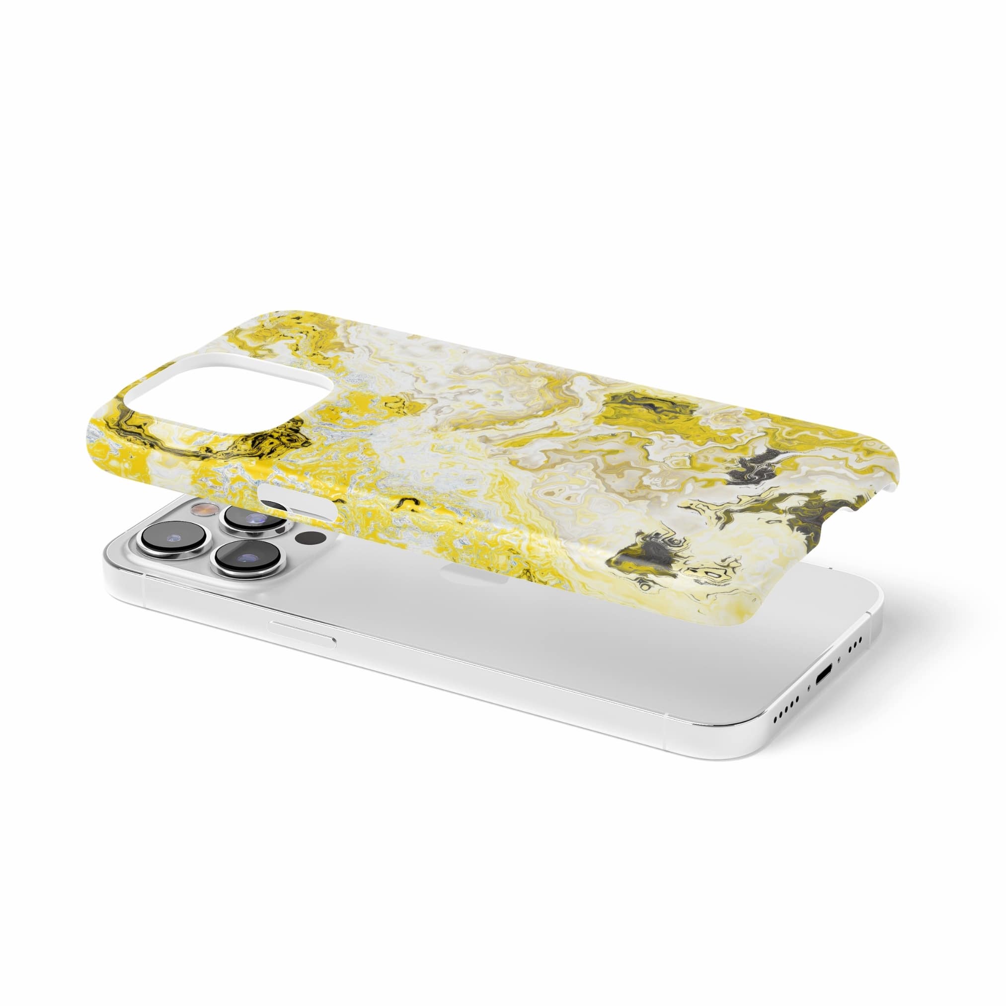 Ultra thin snap phone case extend view; Citron pattern, artistic, abstract marble pattern. White and yellow color combination.