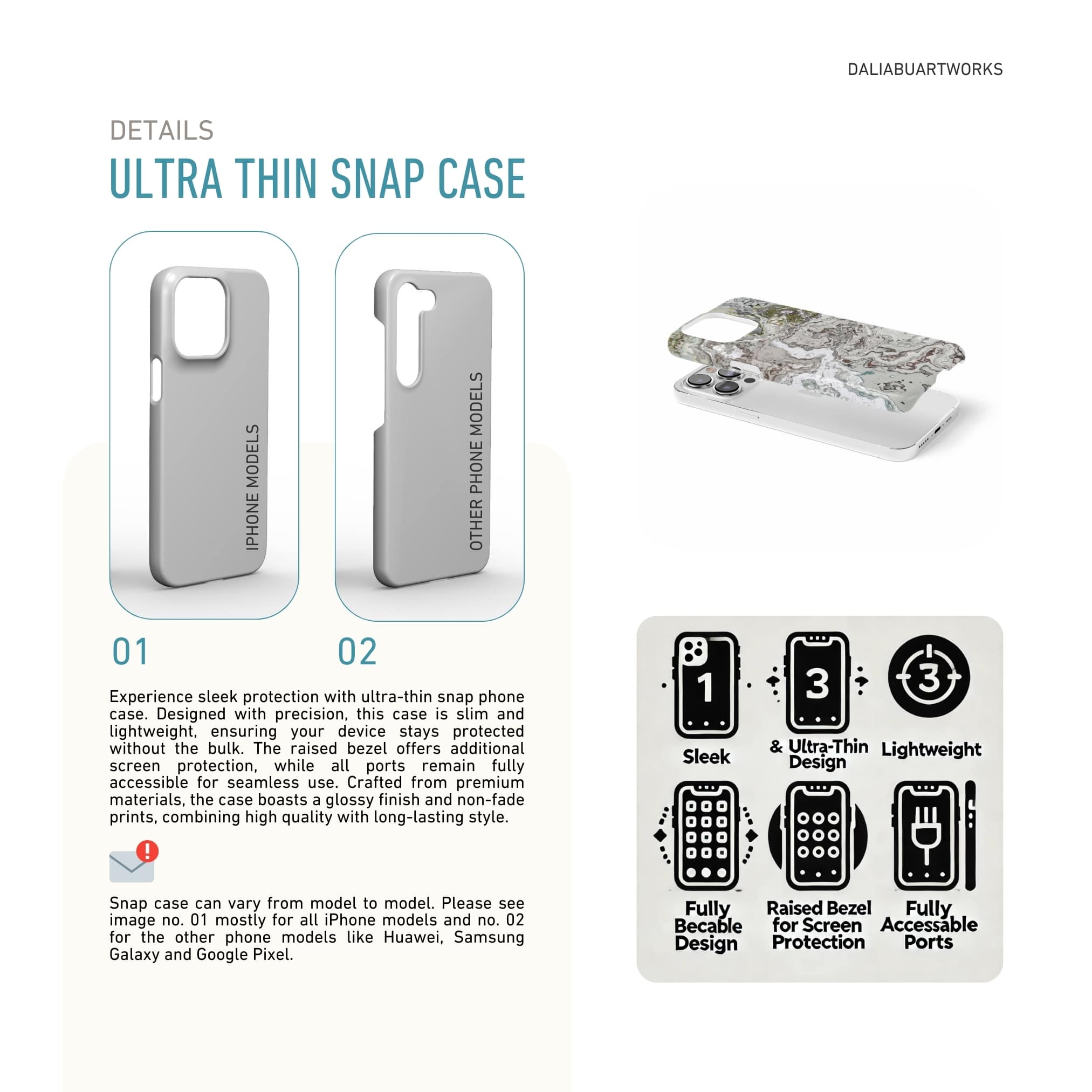 Ultra thin snap phone case front view; Classic White Marble 1 pattern, artistic, abstract marble pattern. White and grey color combination. Details how to select correct phone case as per your phone model and features about snap snug fit phone case.