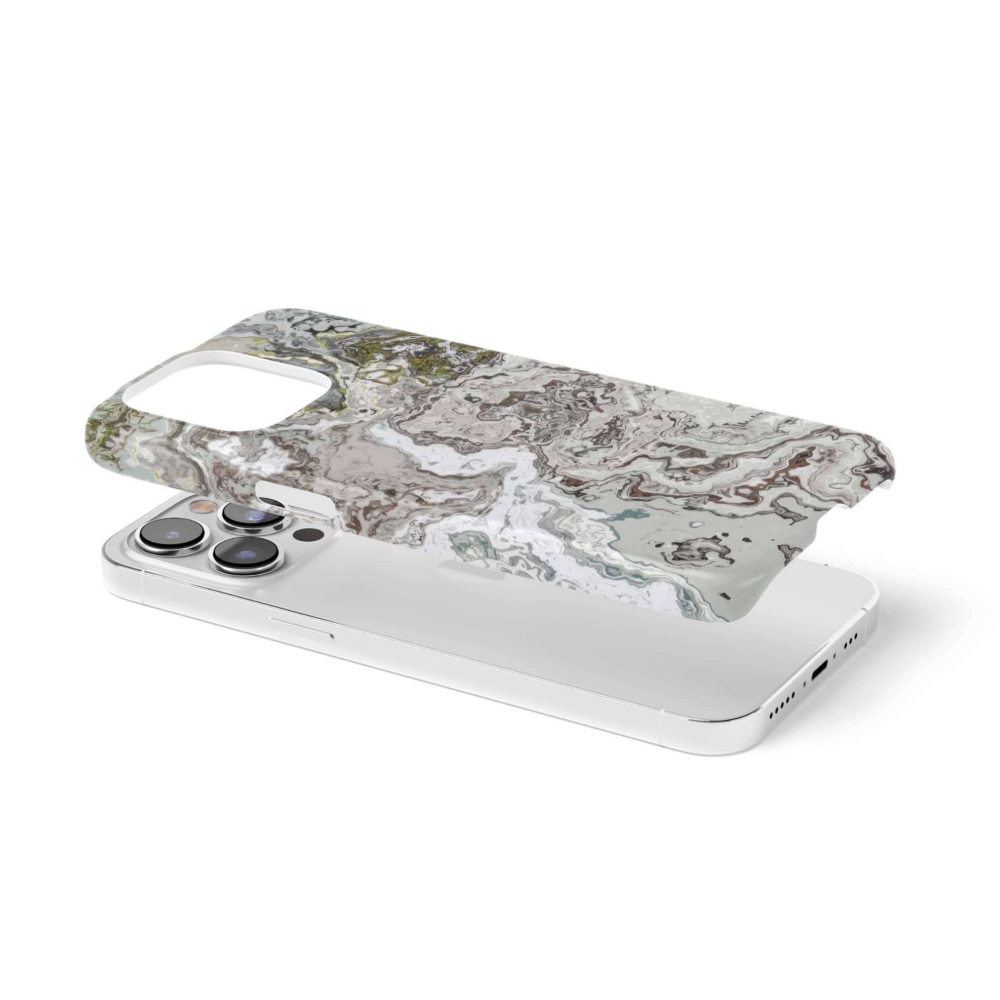 Ultra thin snap phone case extend view; Classic White Marble 1 pattern, artistic, abstract marble pattern. White and grey color combination.