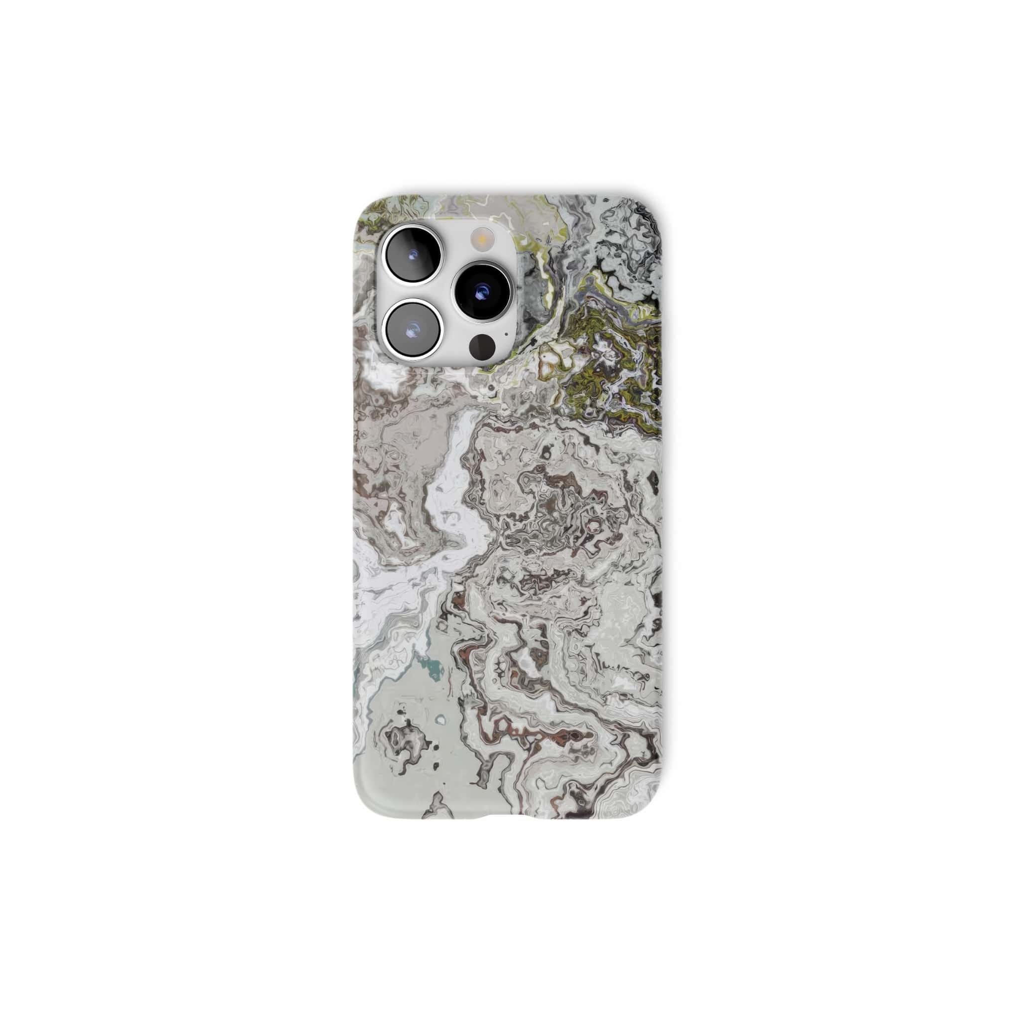 Ultra thin snap phone case front view; Classic White Marble 1 pattern, artistic, abstract marble pattern. White and grey color combination.