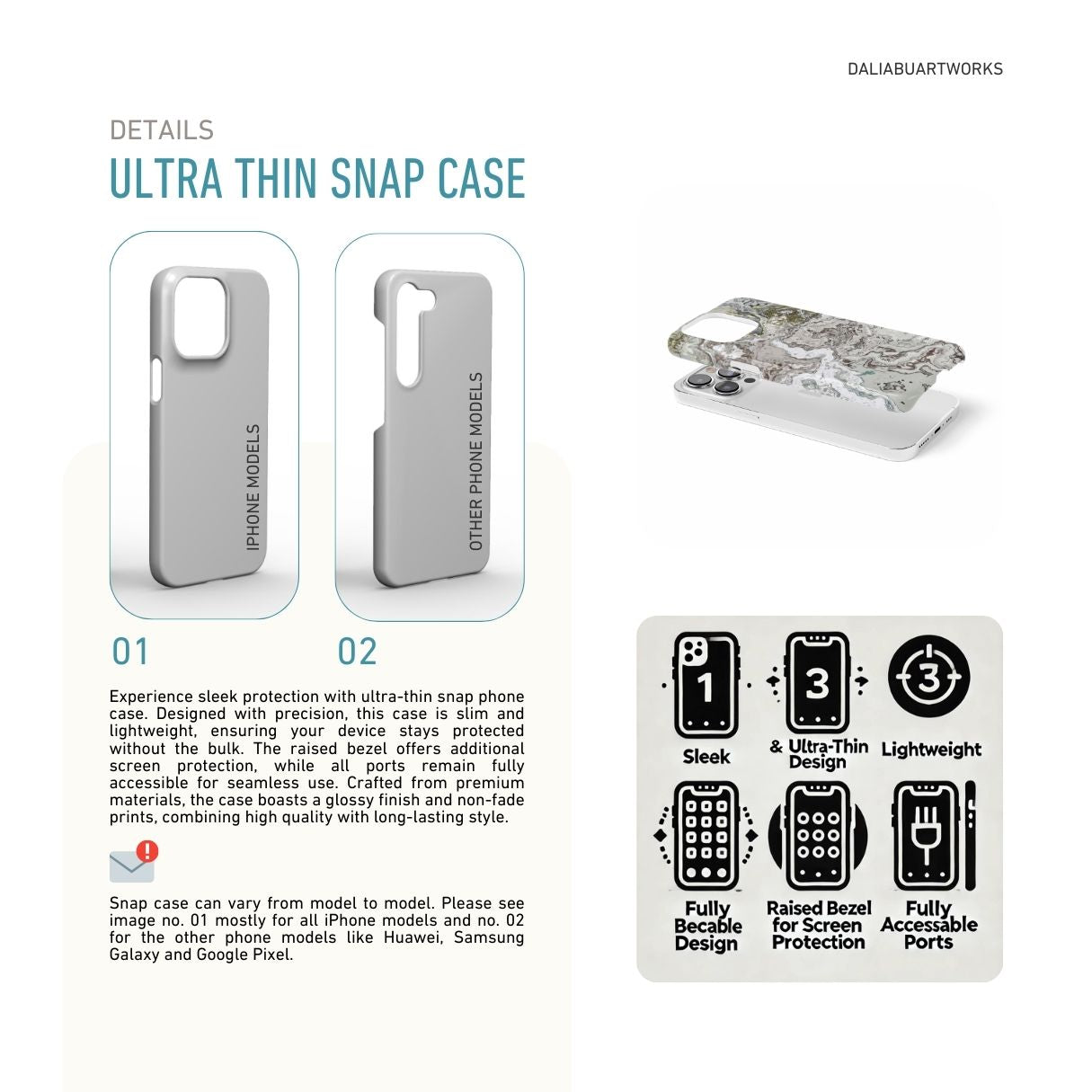 Ultra thin snap phone case front view; Classic White Marble pattern, artistic, abstract marble pattern. White and grey color combination. Details how to select correct phone case as per your phone model and features about snap snug fit phone case.