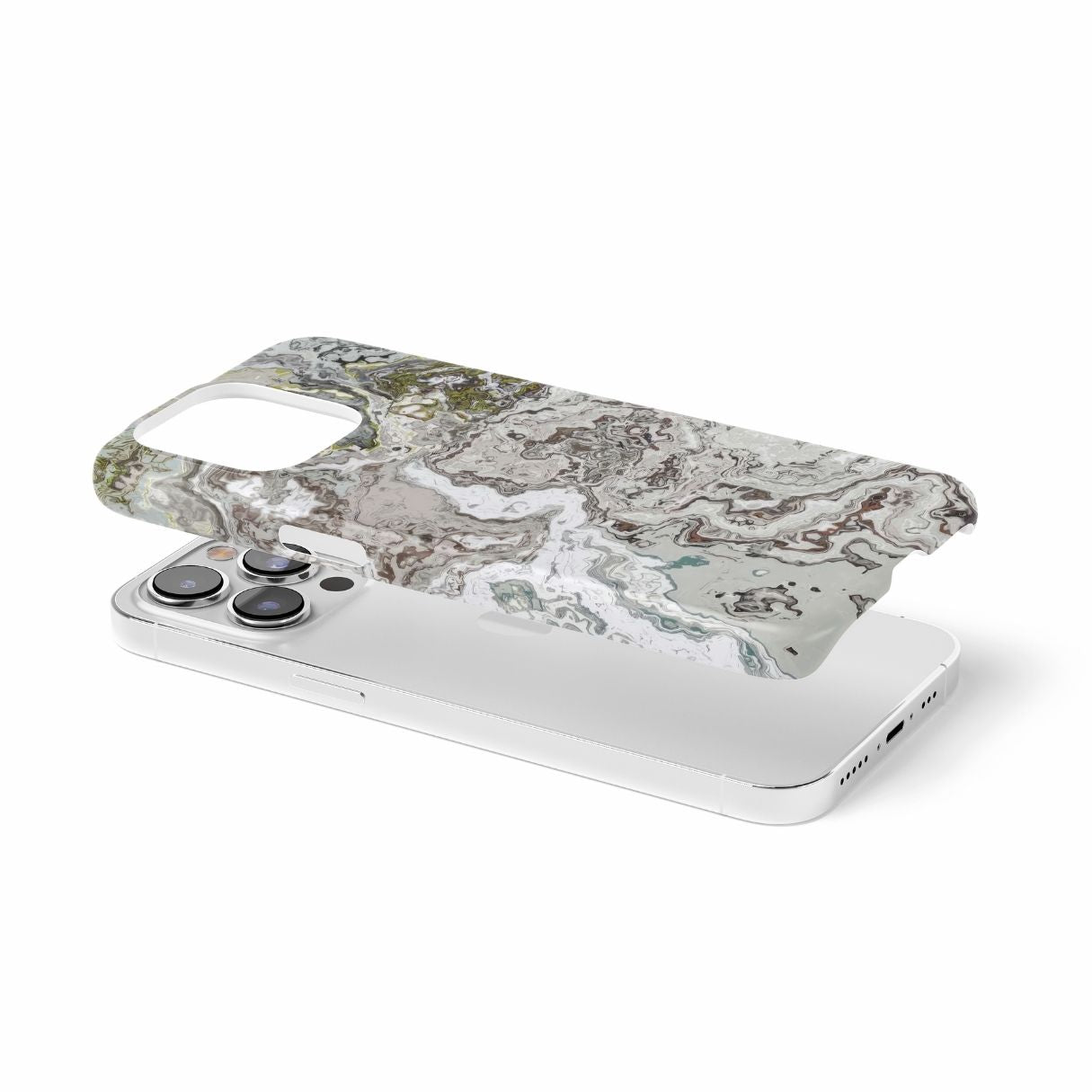 Ultra thin snap phone case extend view; Classic White Marble pattern, artistic, abstract marble pattern. White and grey color combination. Bold expressive aesthetic design. Colorful and interior fit. Elegant.