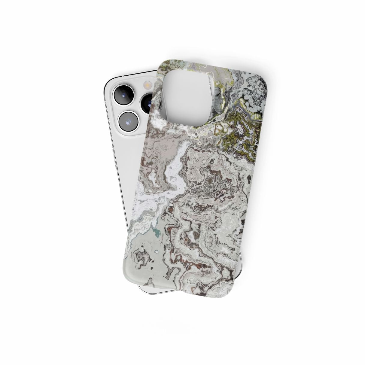 Ultra thin snap phone case front view; Classic White Marble pattern, artistic, abstract marble pattern. White and grey color combination. Bold expressive aesthetic design. Colorful and interior fit. Elegant.