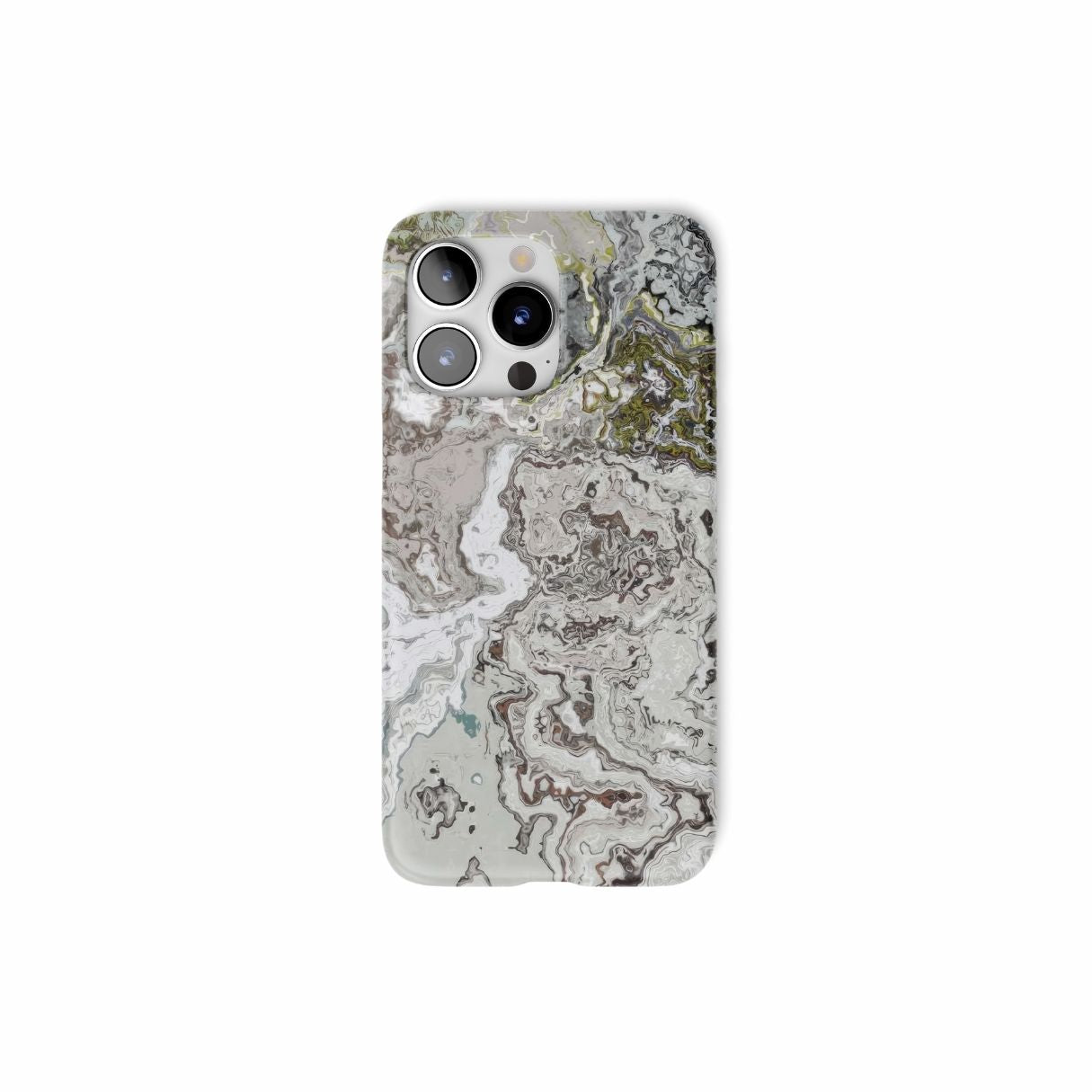 Ultra thin snap phone case front view; Classic White Marble pattern, artistic, abstract marble pattern. White and grey color combination. Bold expressive aesthetic design. Colorful and interior fit. Elegant.