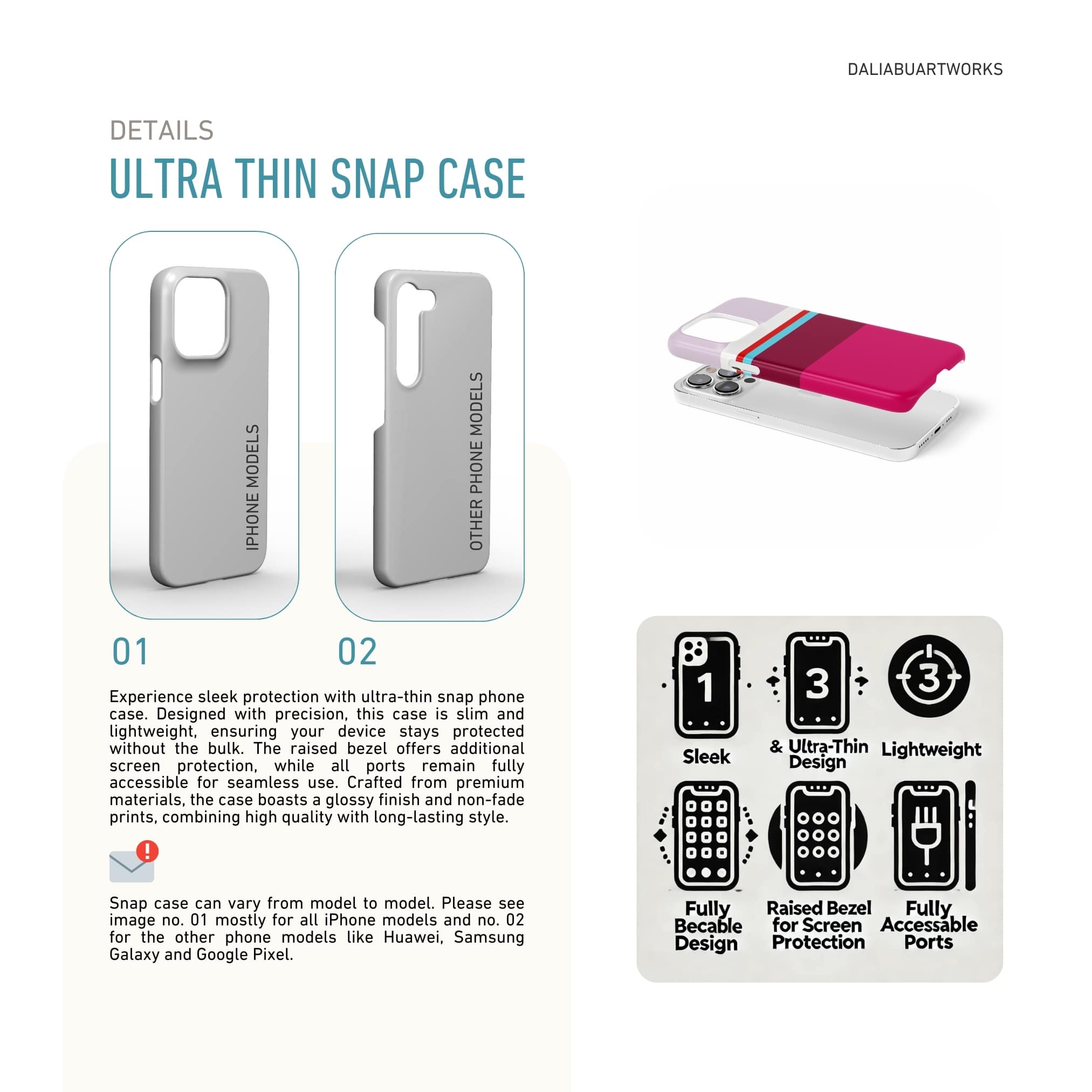 Ultra slim thin snap phone case Color Blocks 2 pattern design with a color blocks, featuring an elegant and expressive aesthetic design. Main colors are lilac, red, passion pink and fuchsia. Description about snug fit phone cover benefits.