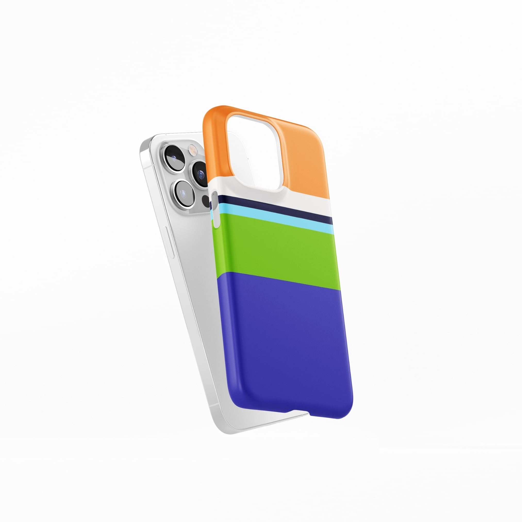 Ultra thin snap phone case Color Blocks 3 pattern design with a color blocks, featuring an elegant and expressive aesthetic design. Main colors are light green, violet and orange. Side view.
