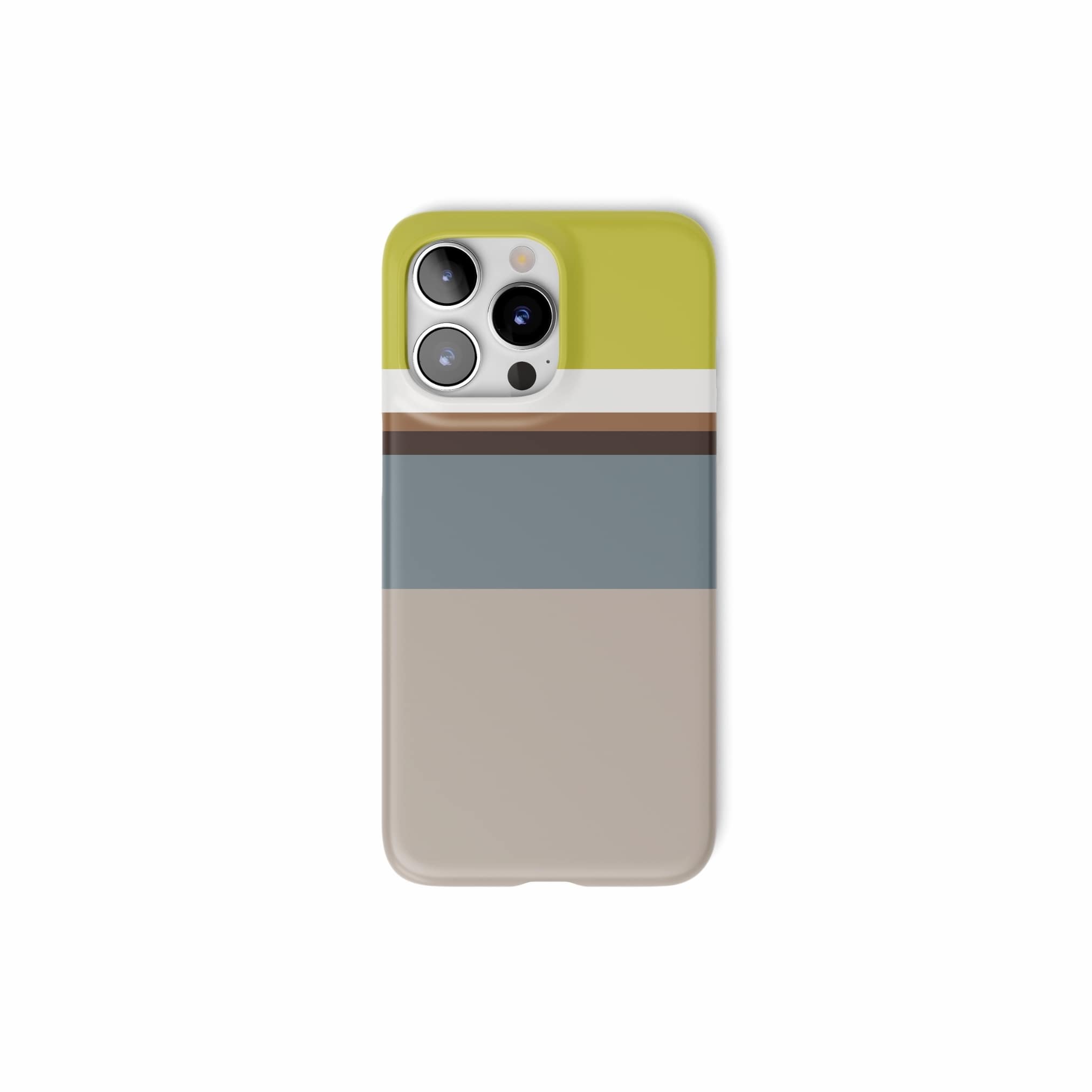 Ultra thin snap phone case Color Blocks 5 pattern design with a color blocks, featuring an elegant and expressive aesthetic design. Main colors are caramel, chocolate brown, yellow and gray. Front view.