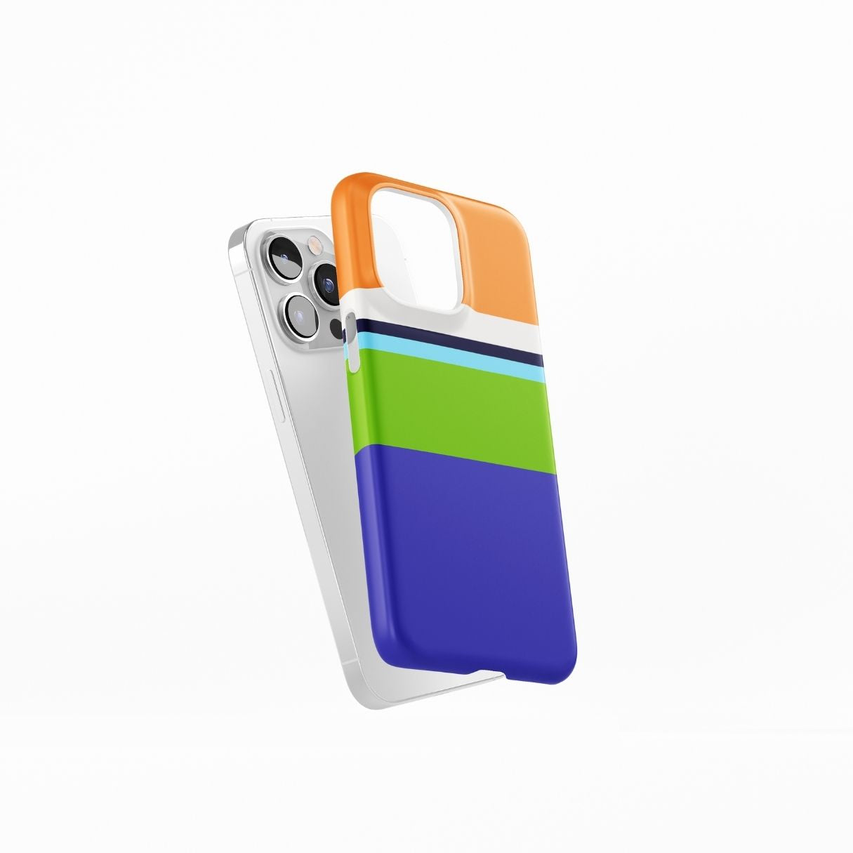 Ultra thin snap phone case Color Blocks Coastline pattern design with a color blocks, featuring an elegant and expressive aesthetic design. Main colors are light green, violet and orange. Side view.