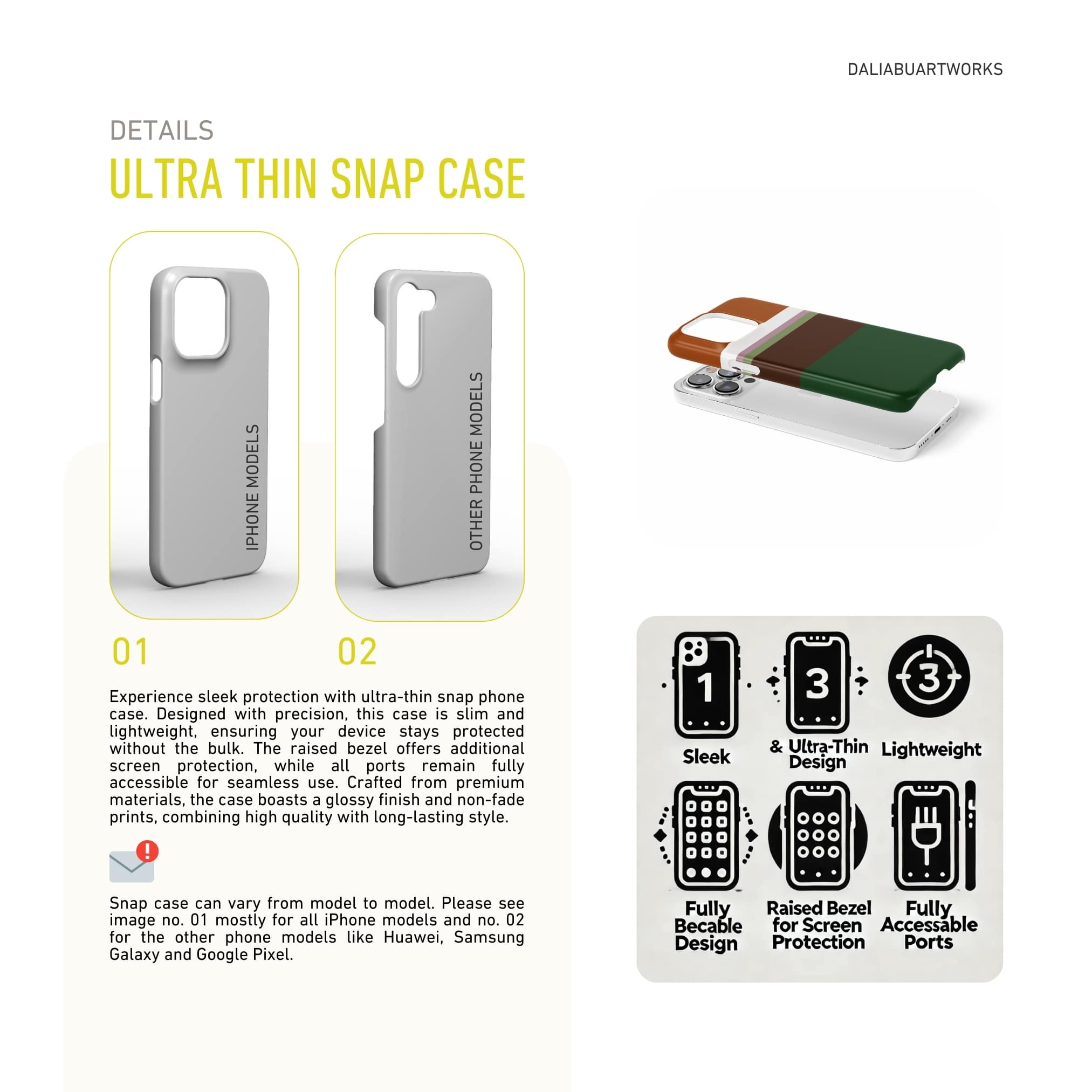 Ultra thin snap phone case Color Blocks Forest pattern design with a color blocks, featuring an elegant and expressive aesthetic design. Main colors are caramel, chocolate brown, rich green. Details about snug fit cover benefits.