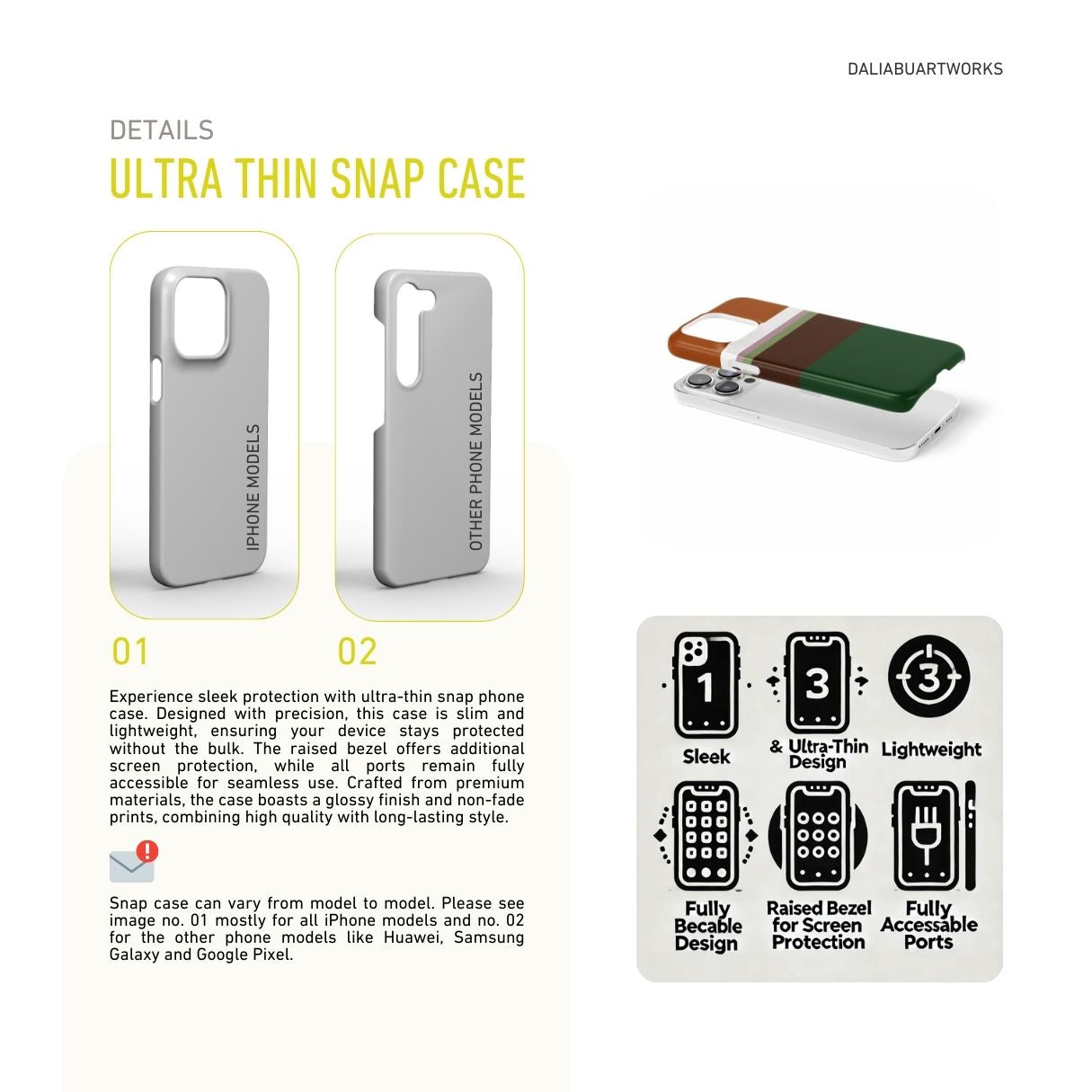 Ultra thin snap phone case Color Blocks Forest pattern design with a color blocks, featuring an elegant and expressive aesthetic design. Main colors are caramel, chocolate brown, rich green. Details about snug fit cover benefits.