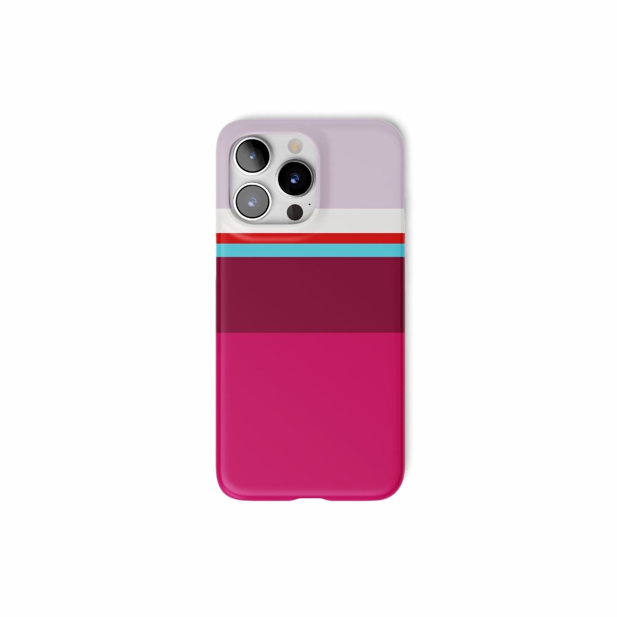 Ultra slim thin snap phone case Color Blocks Fuchsia pattern design with a color blocks, featuring an elegant and expressive aesthetic design. Main colors are lilac, red, passion pink and fuchsia. Front view.