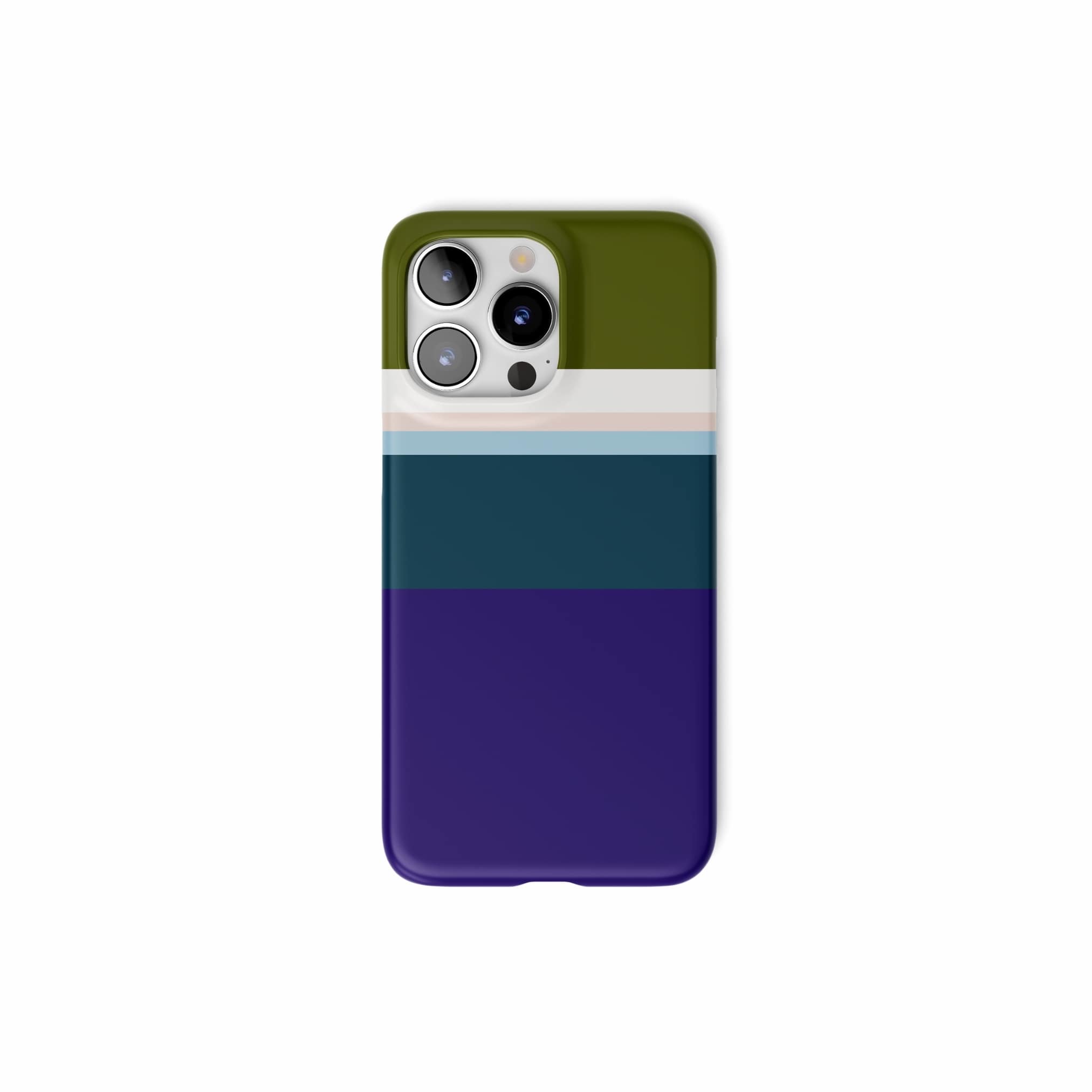 Ultra thin snap phone case Color Blocks Navy pattern design with a color blocks, featuring an elegant and expressive aesthetic design. Main colors are khaki, navy blue, deep marine, light blue and pink. Front view.