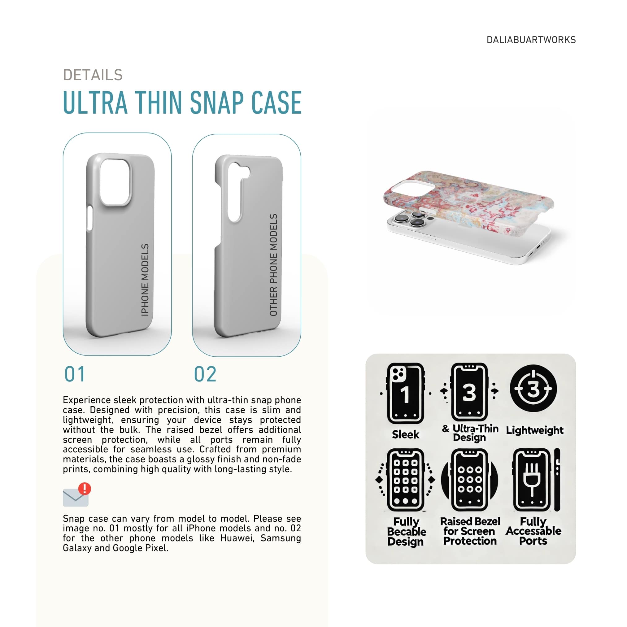Ultra thin snap phone case front view; Divine Blue 1 pattern, artistic, abstract marble pattern. Pink and light blue color combination. Details how to select correct snug fit phone case as per your phone model and features about ultra thin back case.