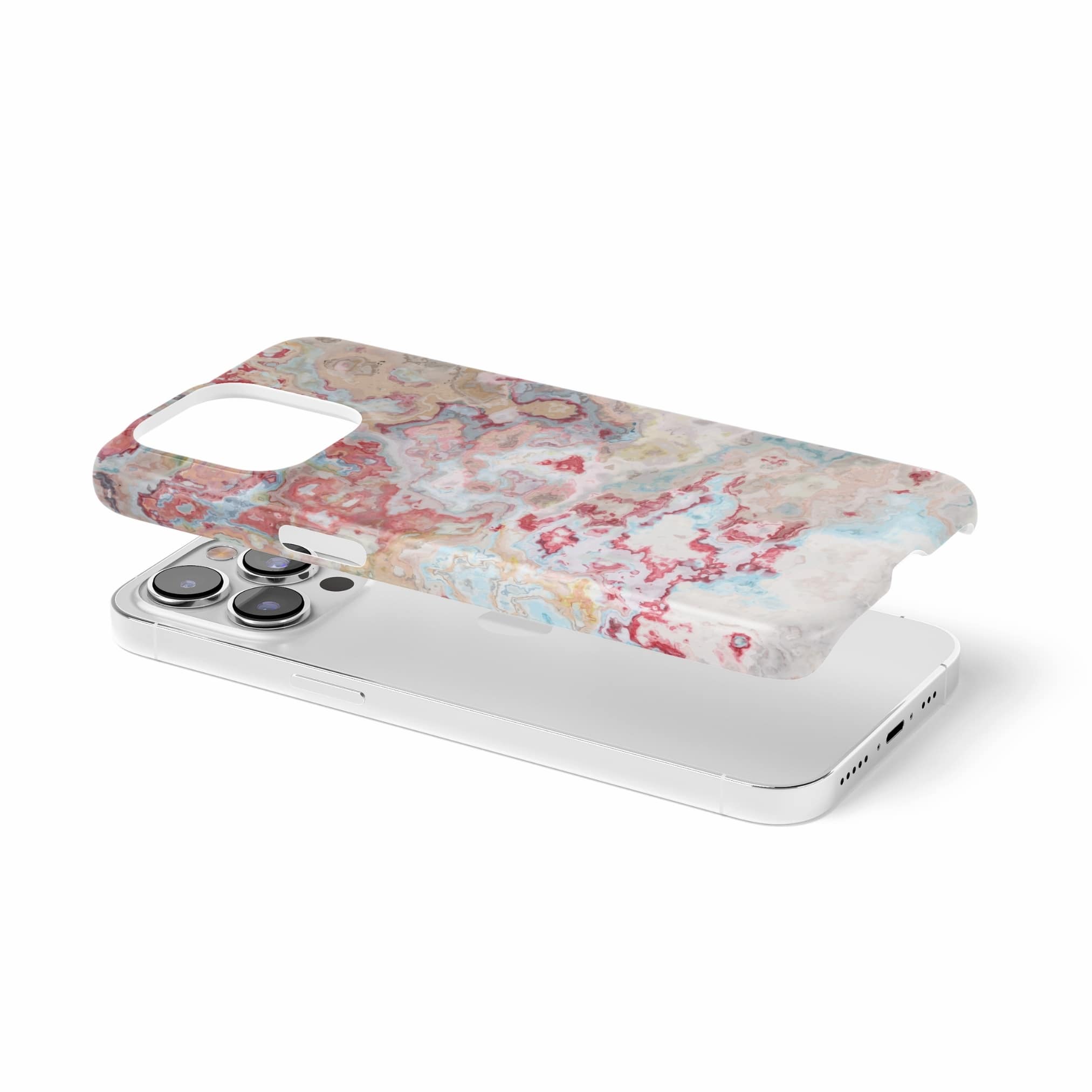 Ultra thin snap phone case extend view; Divine Blue 1 pattern, artistic, abstract marble pattern. Pink and light blue color combination.