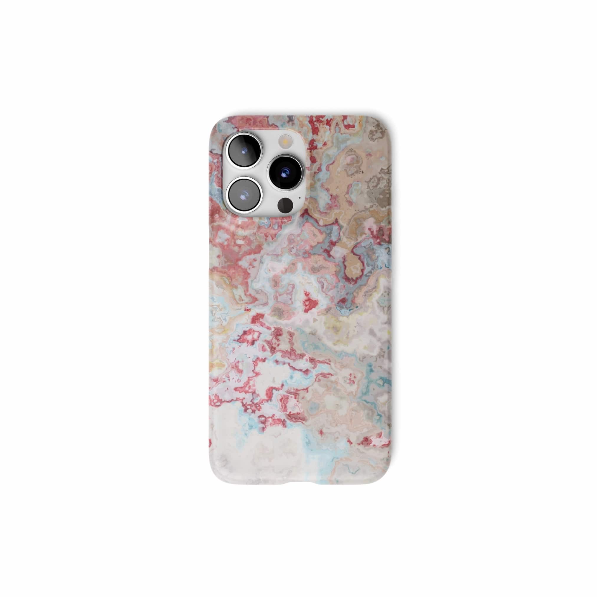 Ultra thin snap phone case front view; Divine Blue 1 pattern, artistic, abstract marble pattern. Pink and light blue color combination.