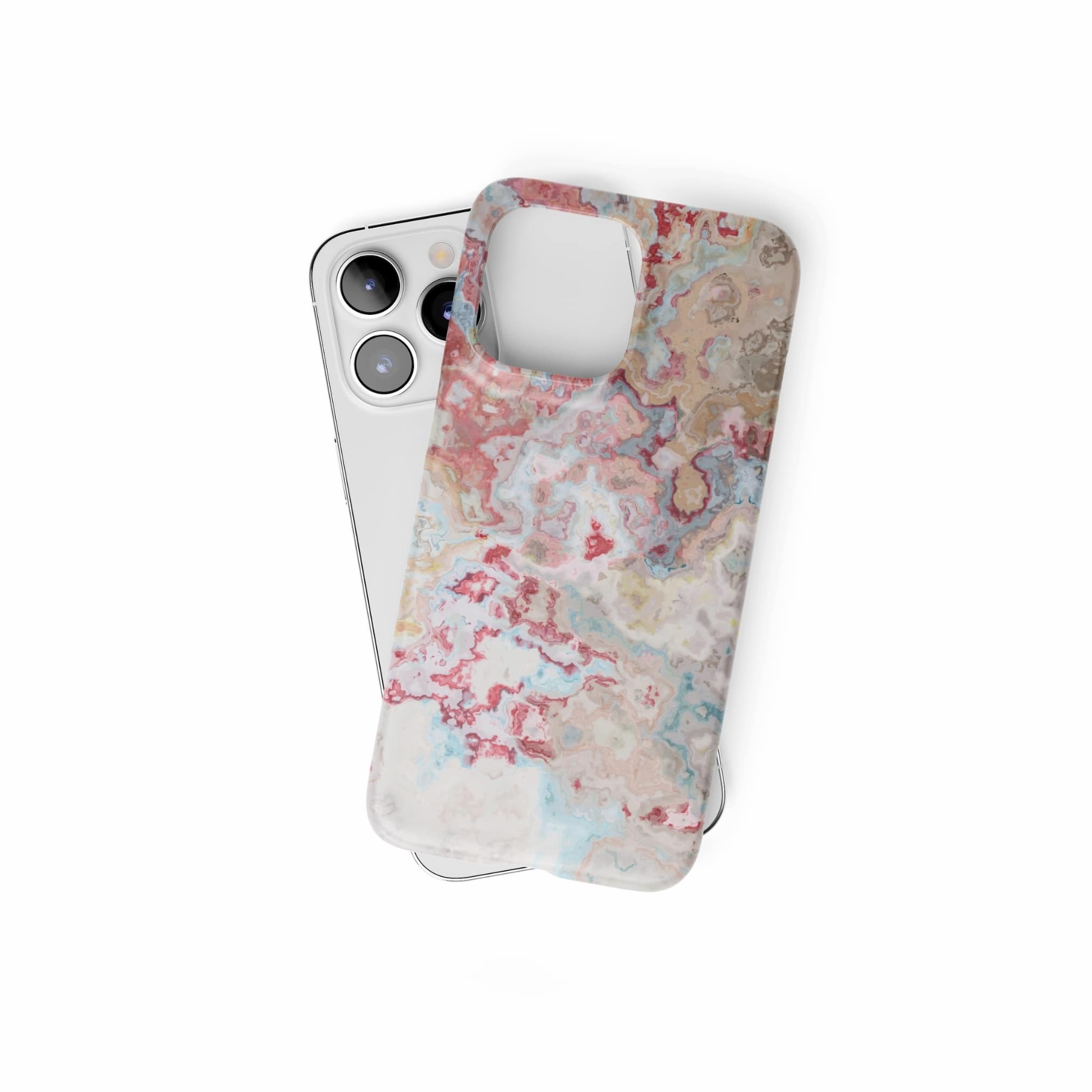 Ultra thin snap phone case front view; Divine Blue 1 pattern, artistic, abstract marble pattern. Pink and light blue color combination. Bold expressive aesthetic design. Colorful and interior fit. Elegant.