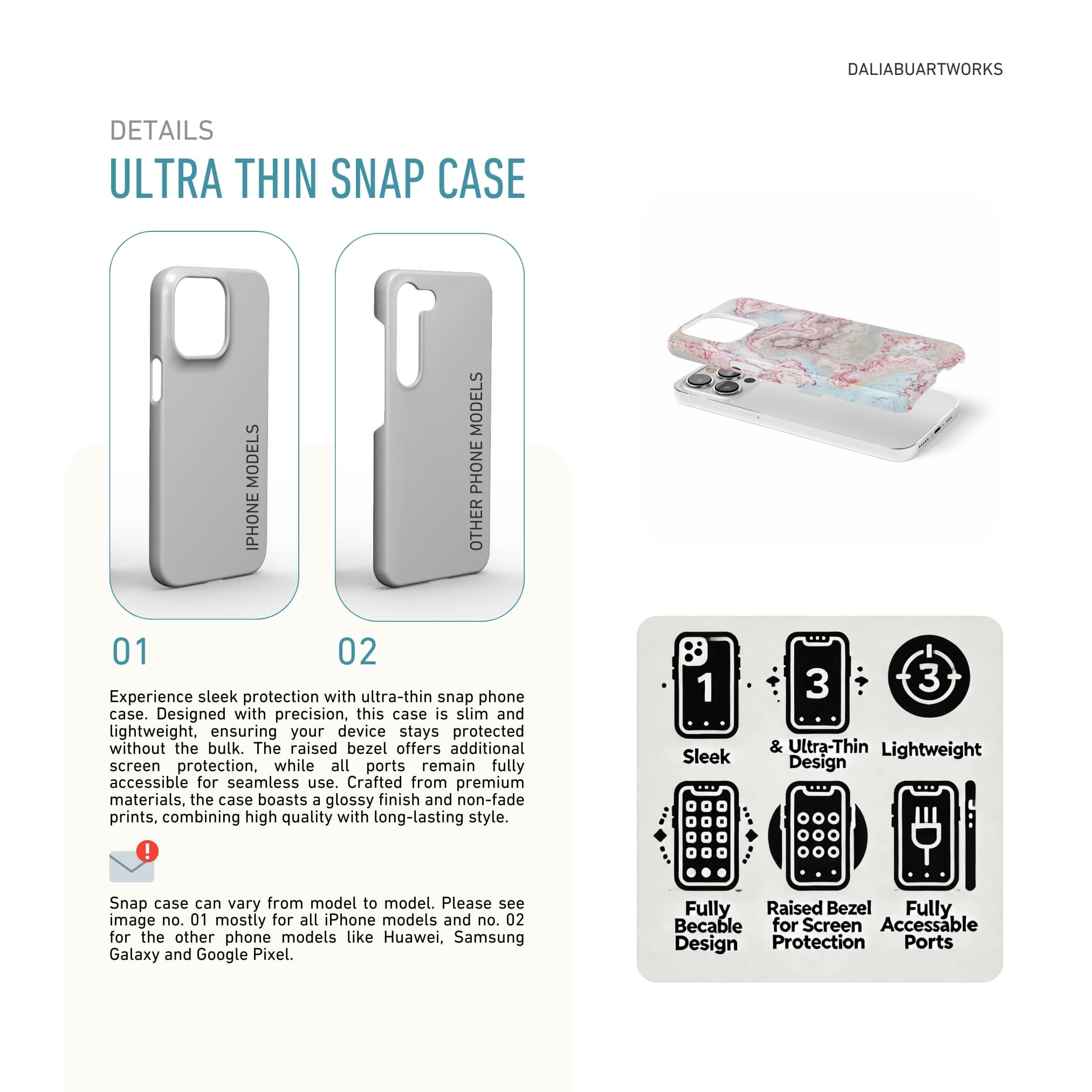 Ultra thin snap phone case front view; Divine Blue 2 pattern, artistic, abstract marble pattern. Light blue and pink color combination. Details about snug fit phone case features and how to select correct case as per your phone model.