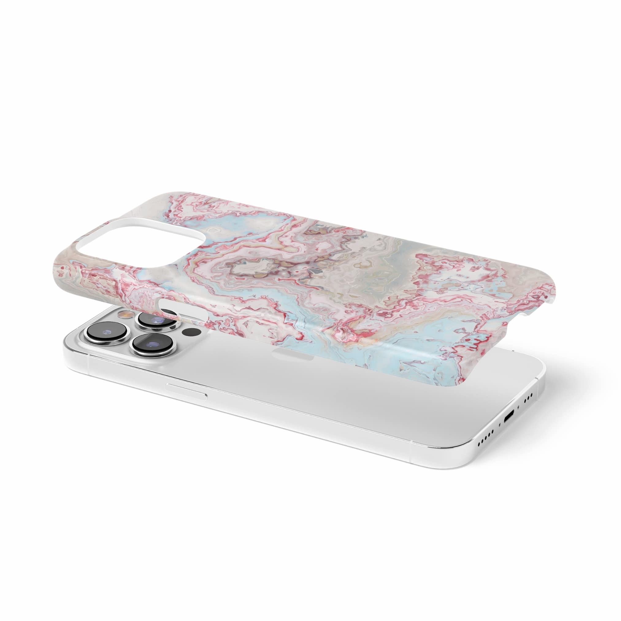 Ultra thin snap phone case extend view; Divine Blue 2 pattern, artistic, abstract marble pattern. Light blue and pink color combination.