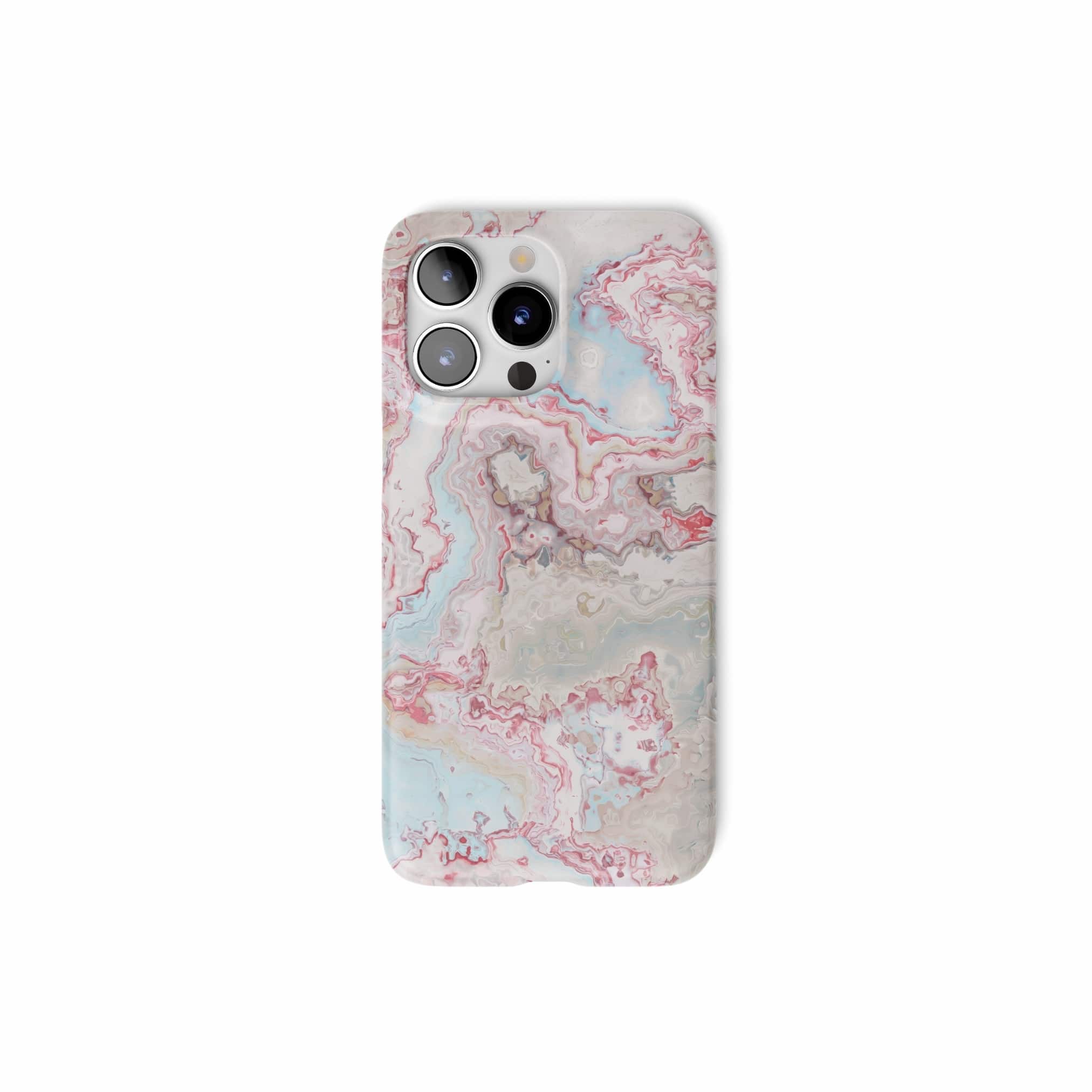 Ultra thin snap phone case front view; Divine Blue 2 pattern, artistic, abstract marble pattern. Light blue and pink color combination.