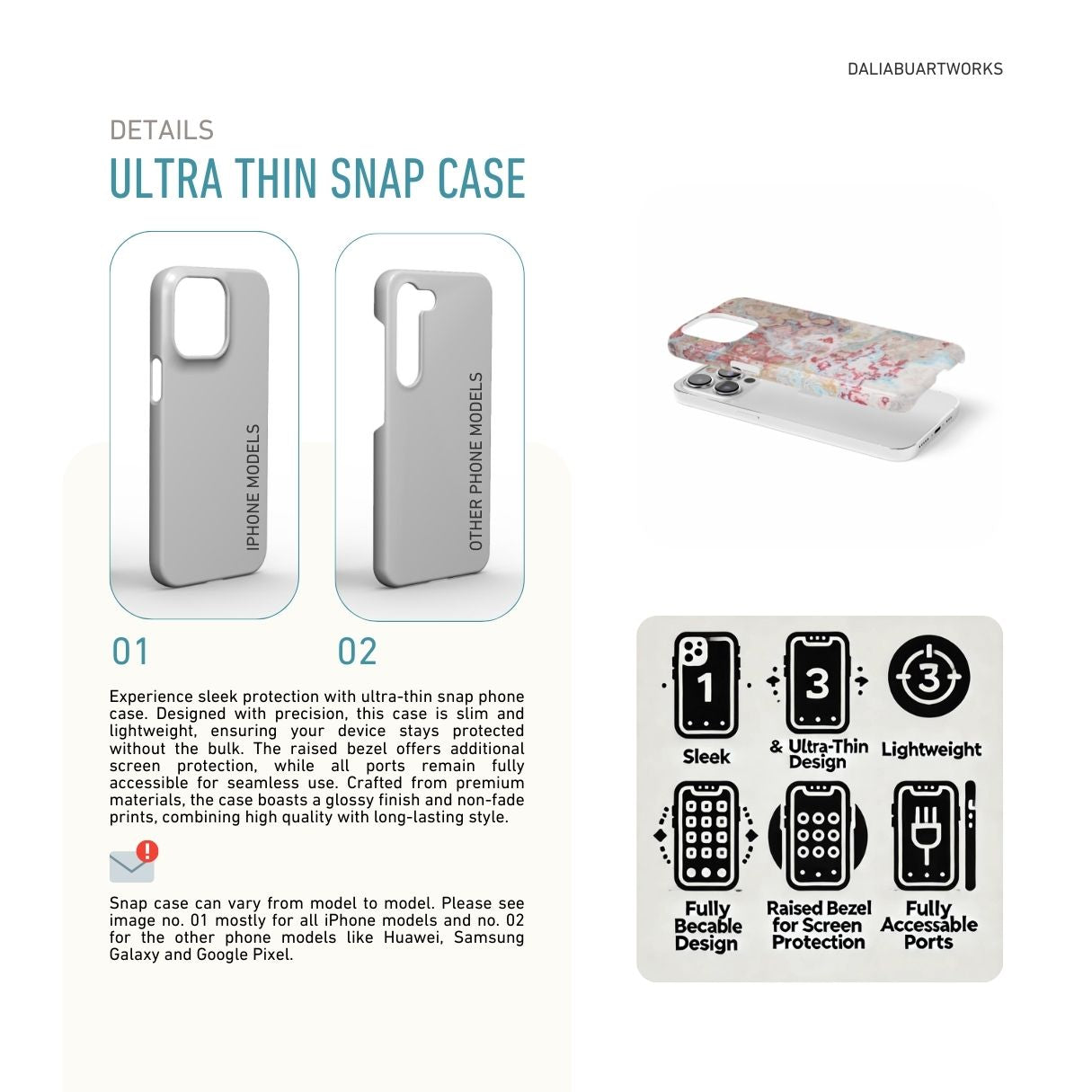 Ultra thin snap phone case front view; Divine Blue pattern, artistic, abstract marble pattern. Pink and light blue color combination. Details how to select correct snug fit phone case as per your phone model and features about ultra thin back case.