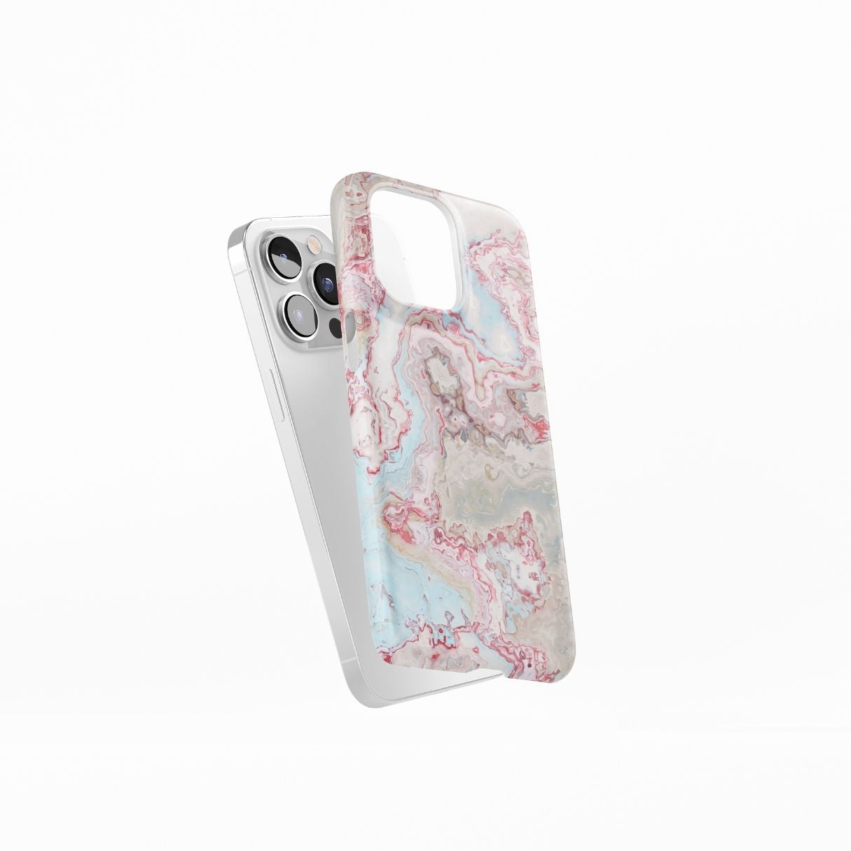 Ultra thin snap phone case side view; Divine Blue River pattern, artistic, abstract marble pattern. Light blue and pink color combination. Bold expressive aesthetic design. Colorful and interior fit. Elegant.