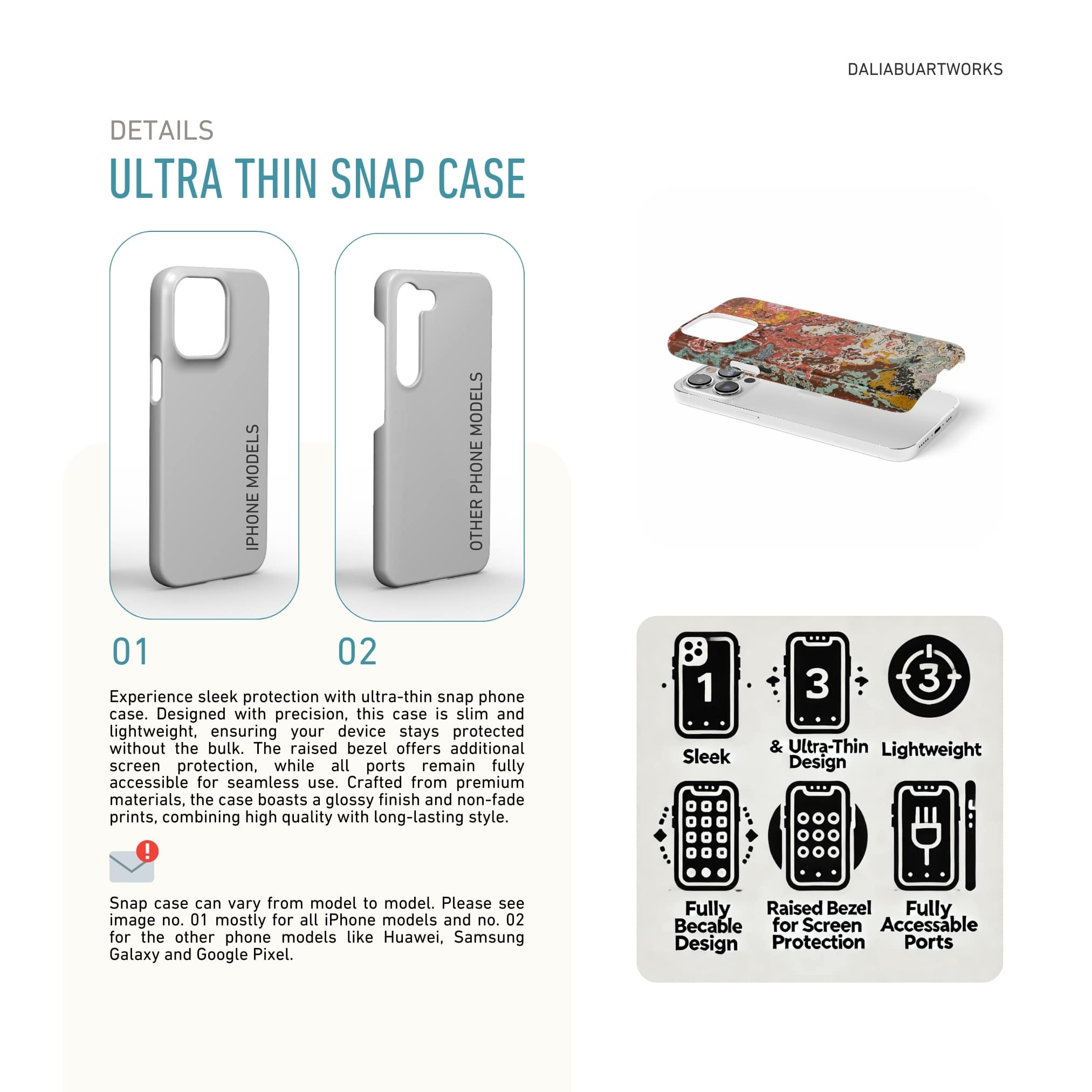 Ultra thin snap phone case front view; Earth in Flux pattern, artistic, abstract marble pattern. Blue and brick red color combination. Description about snug fit ulra thin phone case features and how to select correct case as per your phone model.