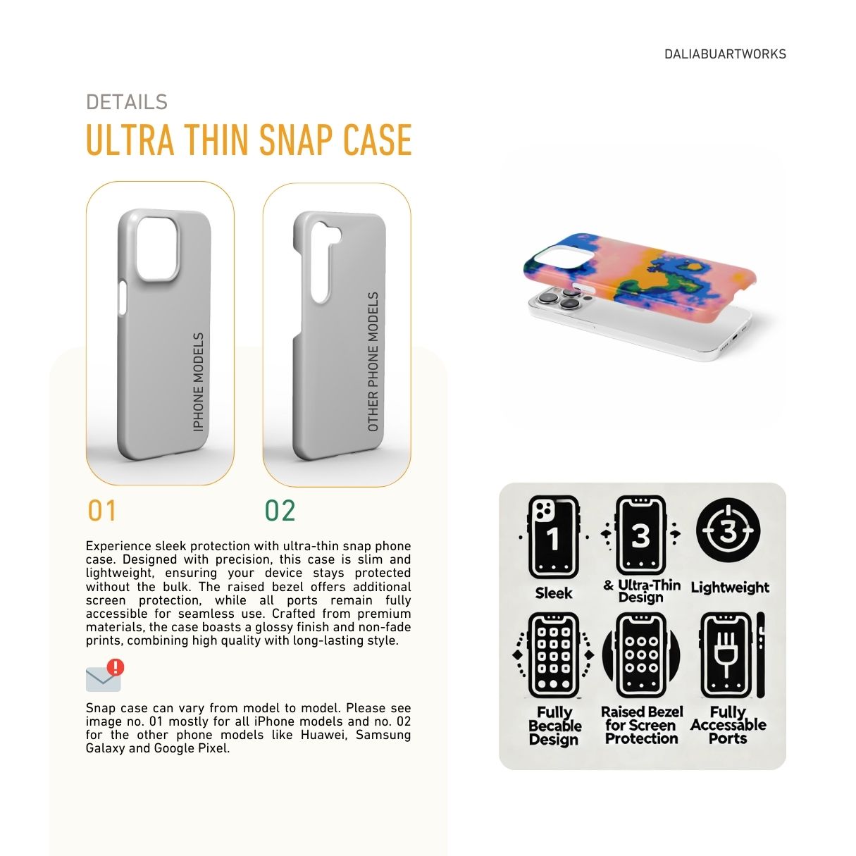Ultra thin snap phone case front view; Electricity pattern, artistic, abstract marble pattern. Blue and orange color combination. Description about ultra thin snug fit phone case features and how to select correct case as per phone model type.
