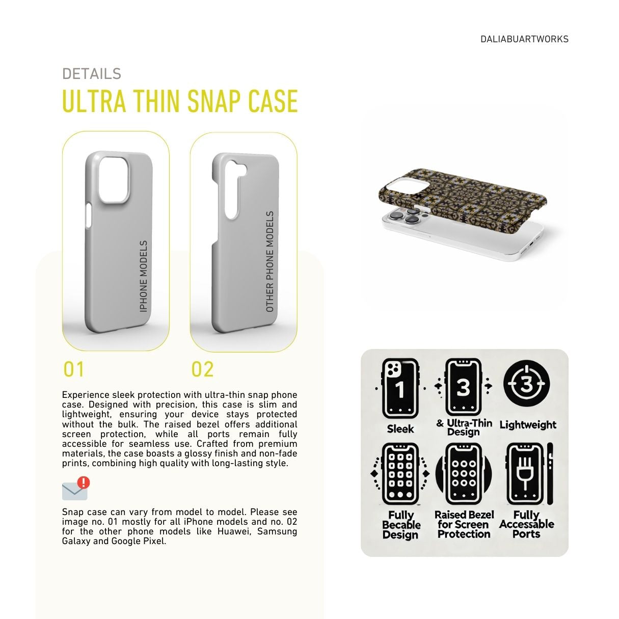 Snap phone case Fleurs Du Jardin pattern with geometric design, featuring an elegant and expressive aesthetic shape. Main colors are blue, yellow and dark purple. Description.