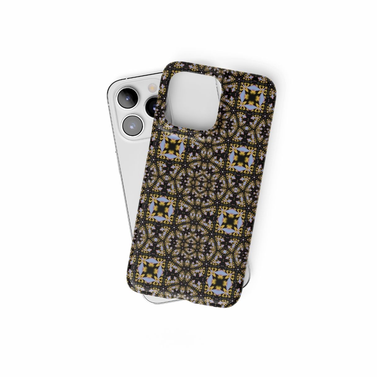 Snap phone case Fleurs Du Jardin pattern with geometric design, featuring an elegant and expressive aesthetic shape. Main colors are blue, yellow and dark purple. Front view.