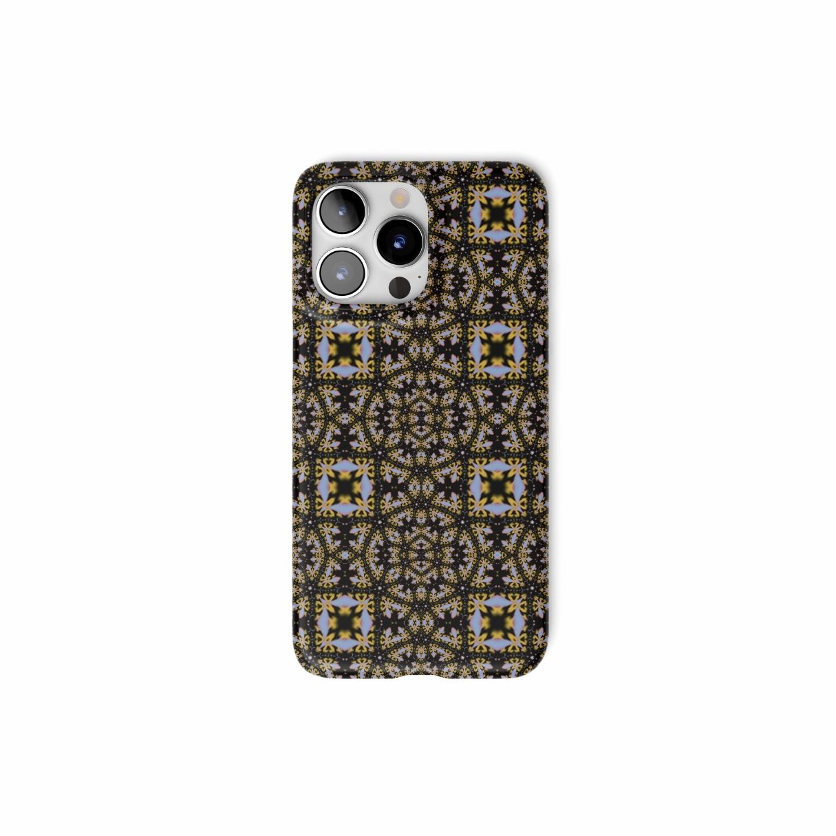 Snap phone case Fleurs Du Jardin pattern with geometric design, featuring an elegant and expressive aesthetic shape. Main colors are blue, yellow and dark purple. Front view.