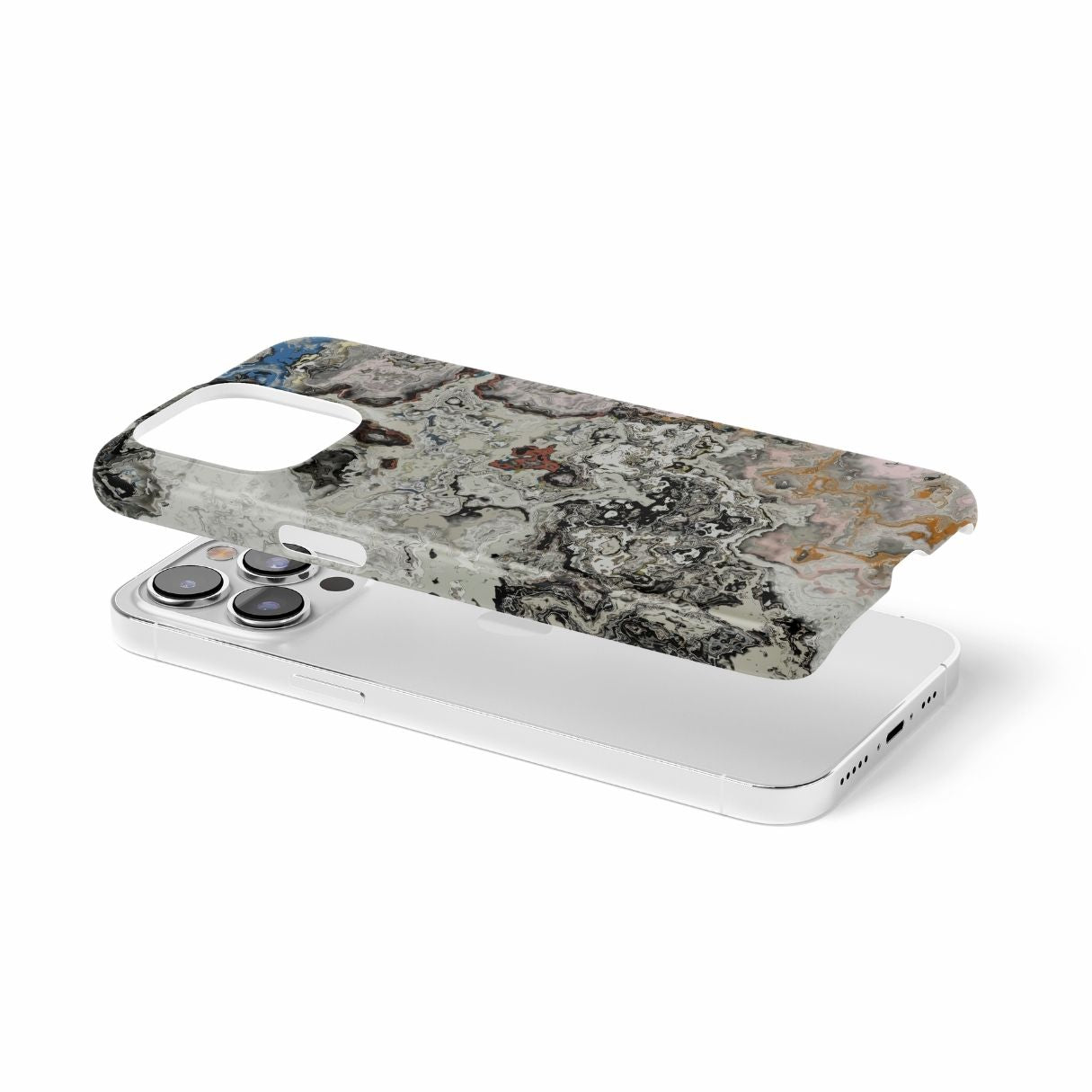Snap phone case extend view; Full Moon pattern, marble pattern; moon surface imagination. Bold expressive aesthetic design. Colorful and interior fit. Elegant.