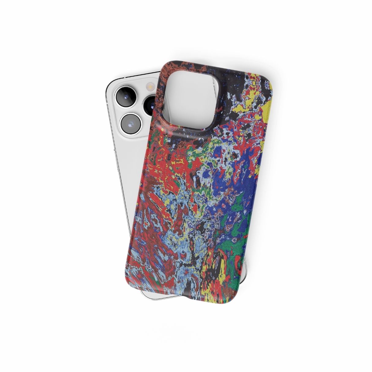 Snap ultra thin phone case with a bold vivid pattern Graffiti Pulse abstract and artistic style, featuring an elegant and expressive aesthetic design. Main colors are red, blue, black and yellow. Front view.