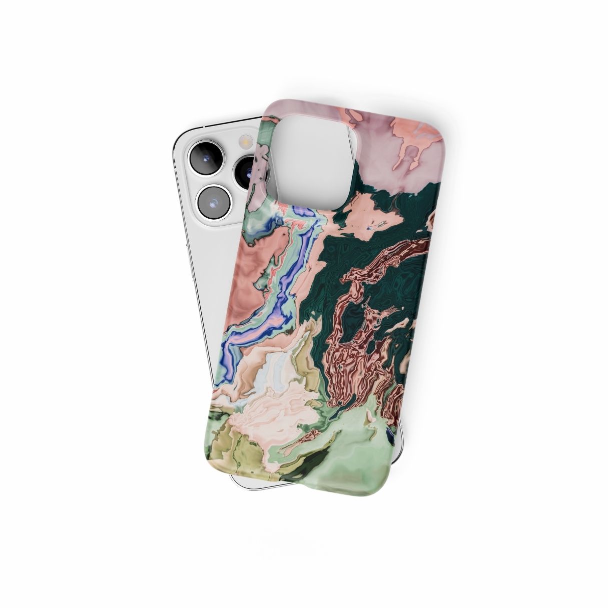 Ultra thin snap phone case with a bold vivid pattern Green Not Grass abstract and artistic style, featuring an elegant and expressive aesthetic design. Main colors are green and pink hues. Front view.