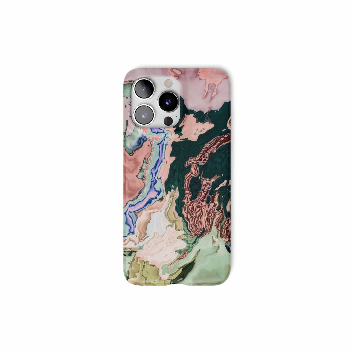 Ultra thin snap phone case with a bold vivid pattern Green Not Grass abstract and artistic style, featuring an elegant and expressive aesthetic design. Main colors are green and pink hues. Front view.