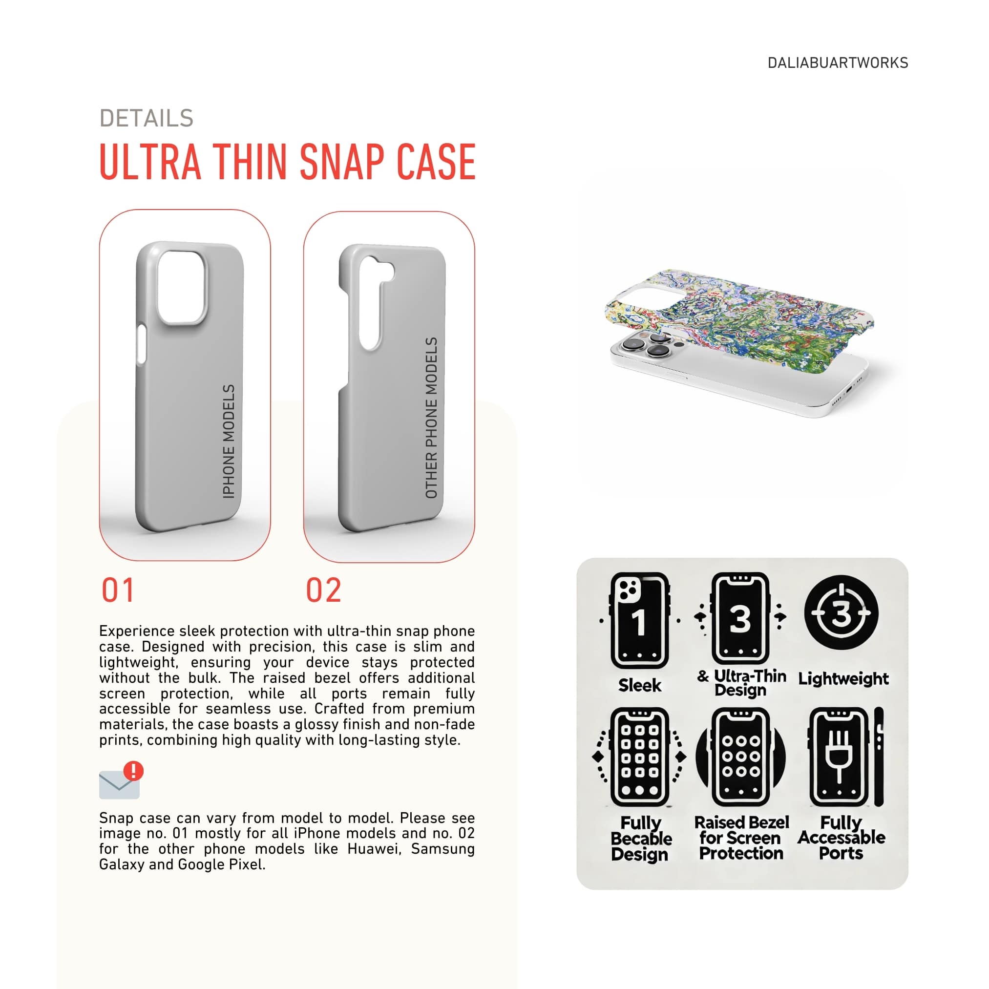 Ultra thin snap case front view; Inside My Brain 2 pattern, artistic, abstract marble pattern. Blue, green and red color combination. Details about snug fit ultra thin phone case features.