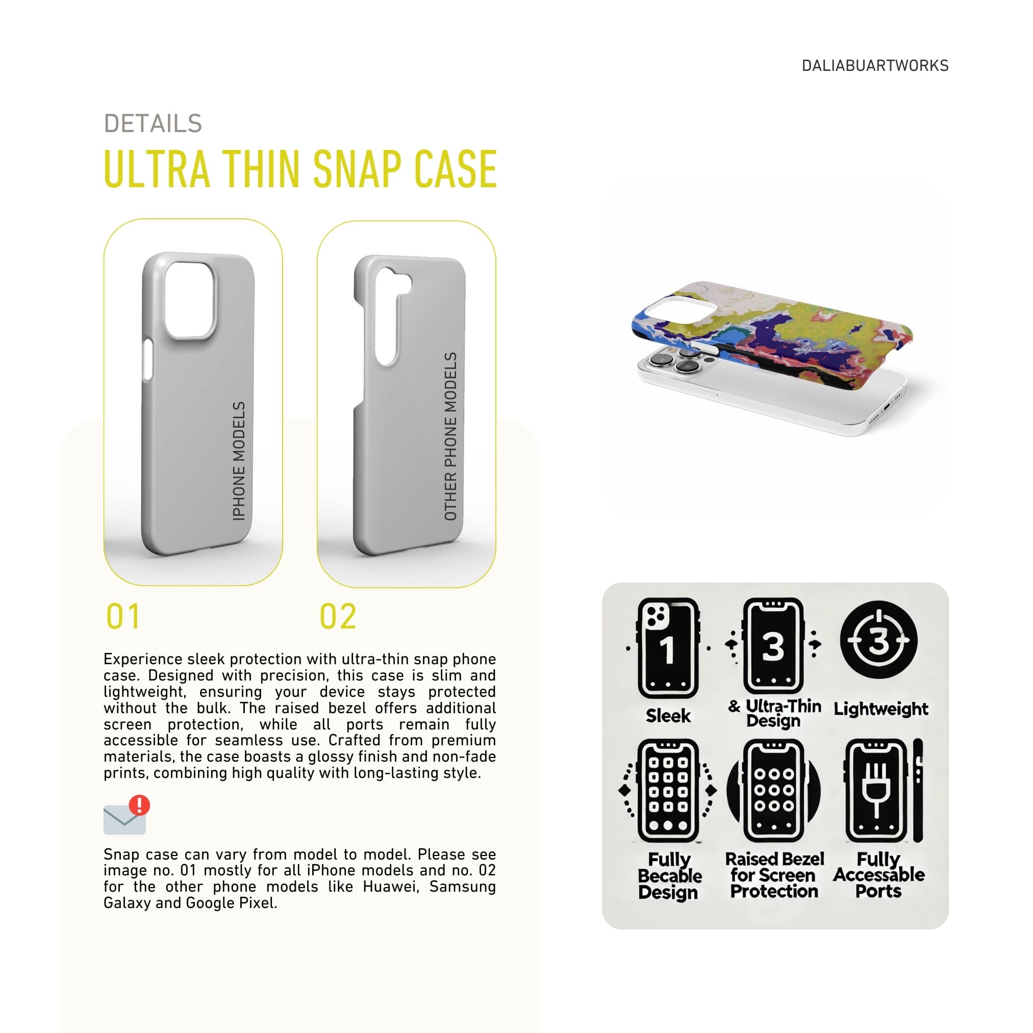 Ultra thin snap phone case front view; Jamaica pattern, artistic, abstract marble pattern. Dark blue, yellow and white color combination. Details about thin phone case features.