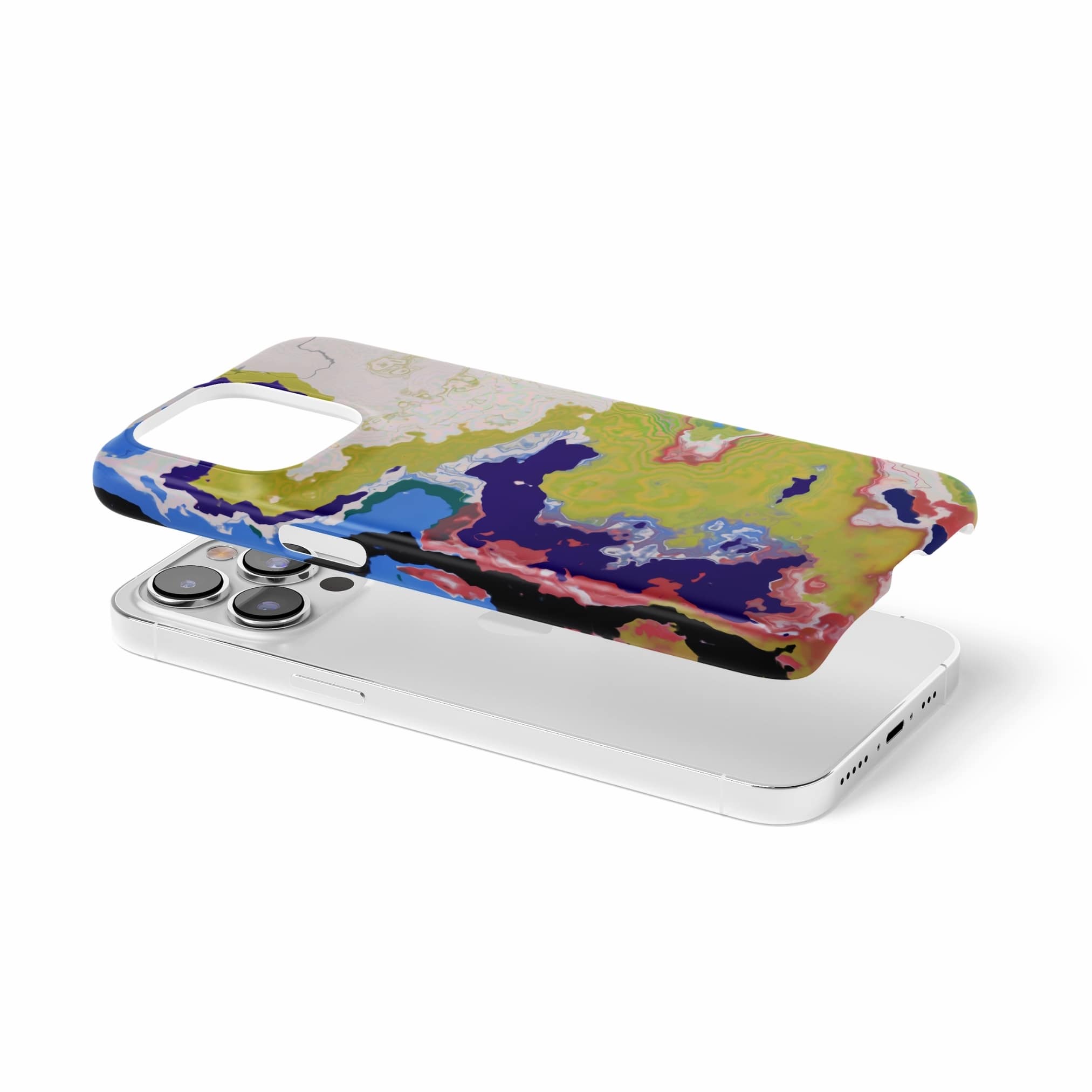 Ultra thin snap phone case extend view; Jamaica pattern, artistic, abstract marble pattern. Dark blue, yellow and white color combination.