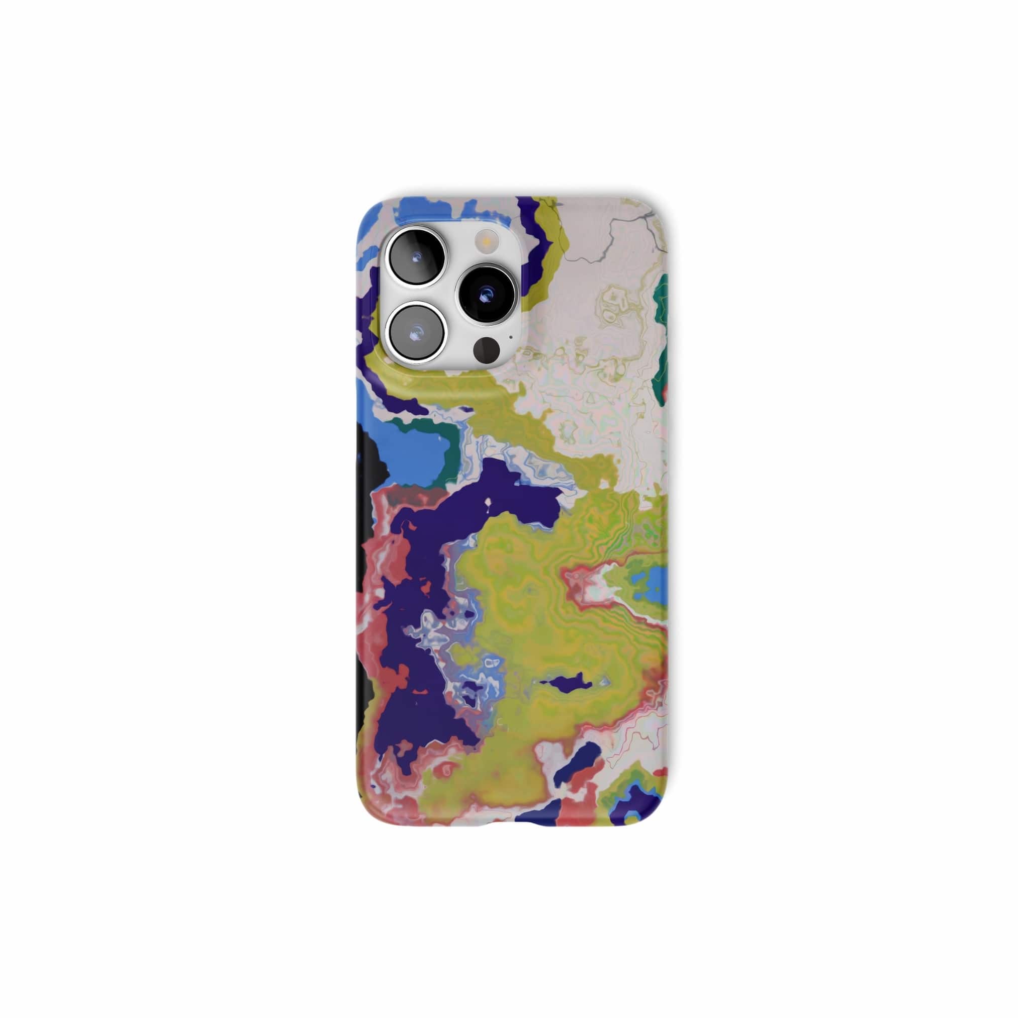 Ultra thin snap phone case front view; Jamaica pattern, artistic, abstract marble pattern. Dark blue, yellow and white color combination.