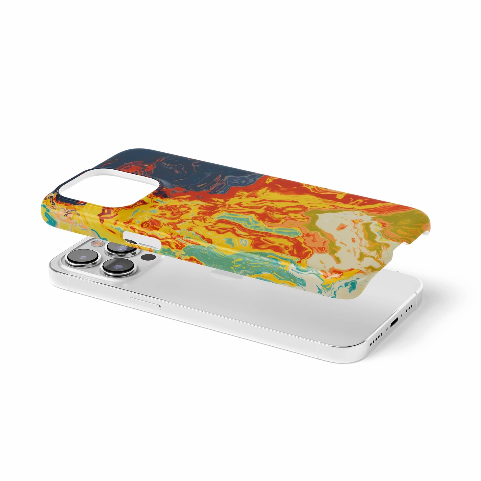 Ultra thin slim phone case with a bold vivid pattern in marble abstract and artistic style, featuring an elegant and expressive aesthetic design. Main colors are navy deep blue, rich yellow, red and marine blue. Extend view.