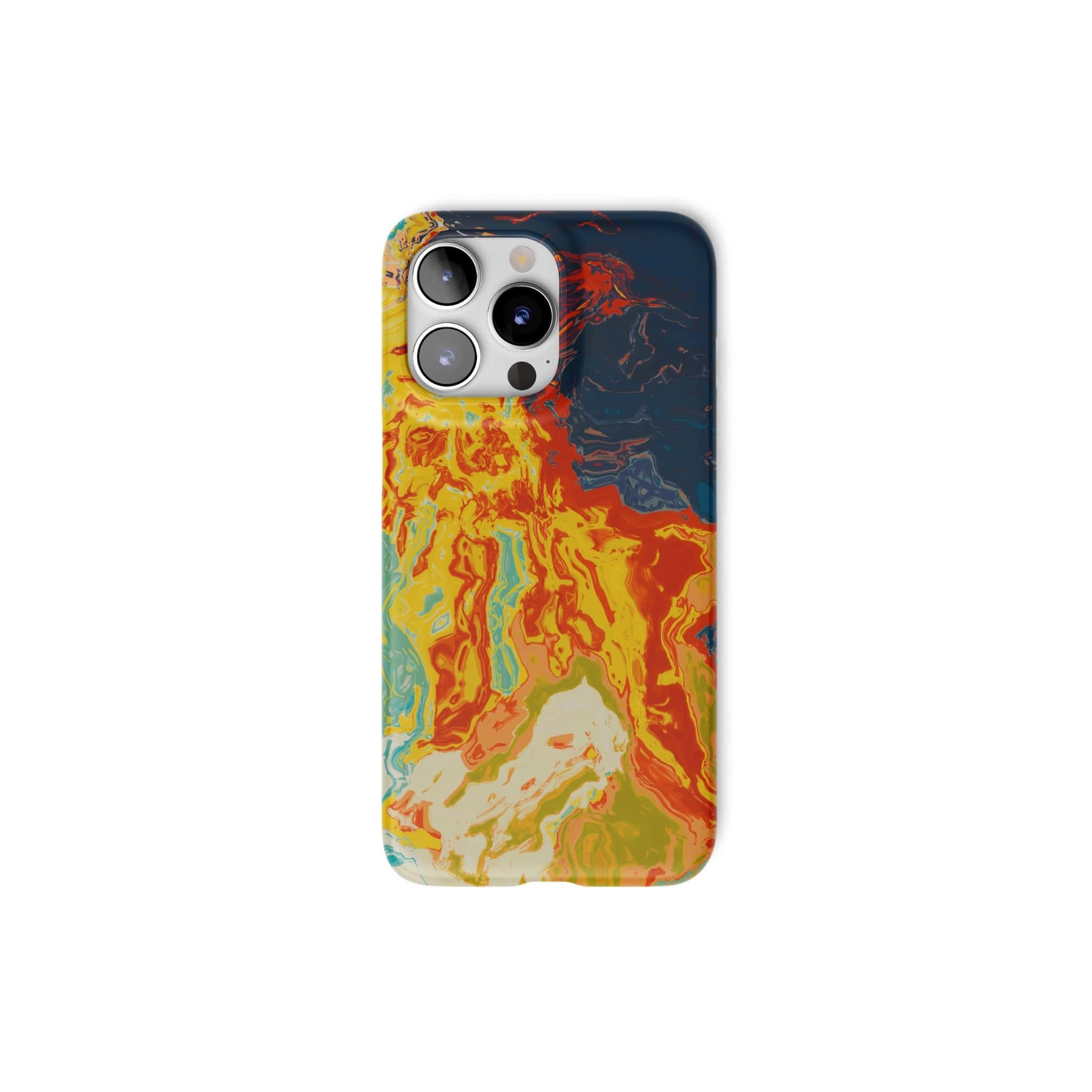 Ultra thin slim phone case with a bold vivid pattern in marble abstract and artistic style, featuring an elegant and expressive aesthetic design. Main colors are navy deep blue, rich yellow, red and marine blue. Front view.