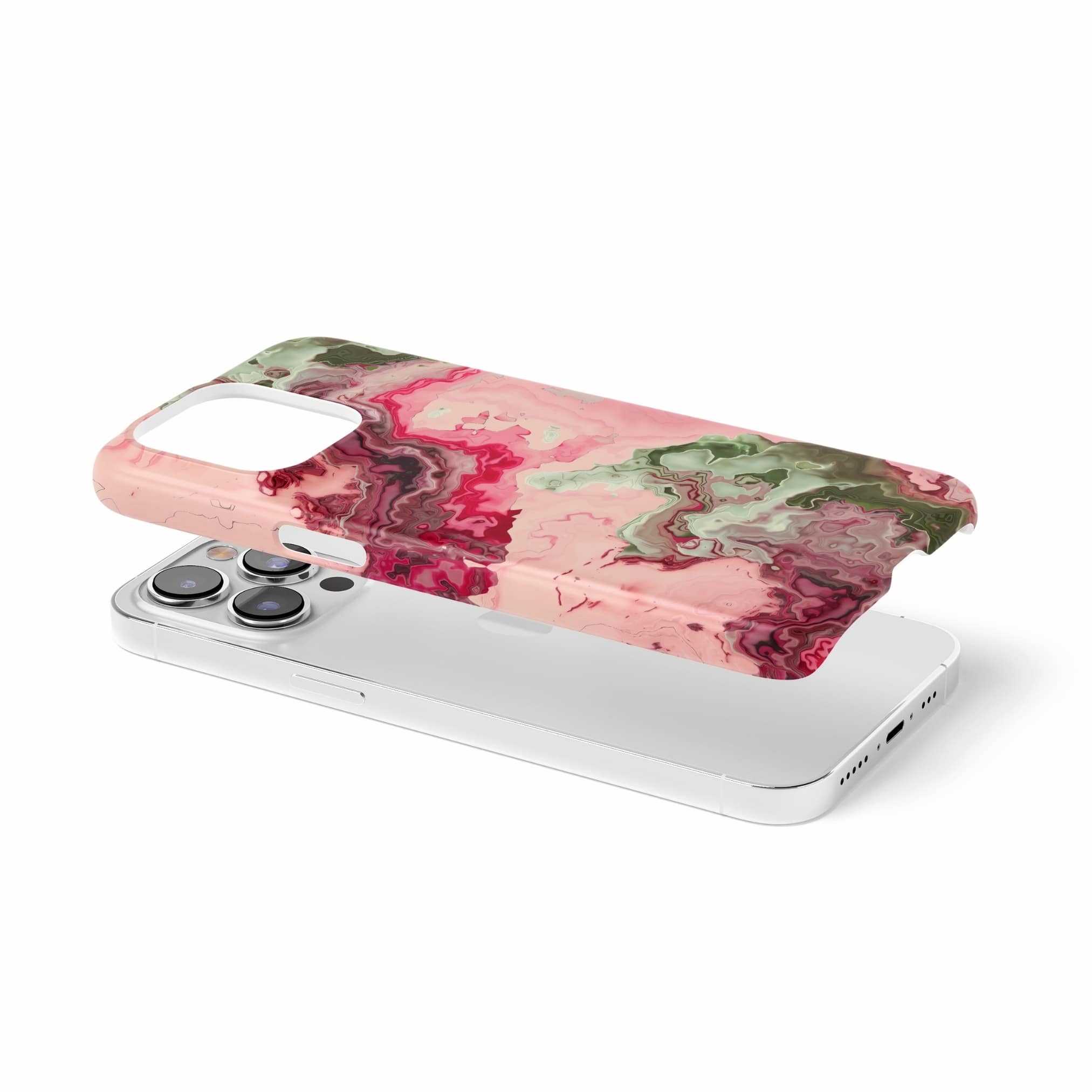 Snap ultra thin phone case with a bold vivid pattern Like Flamingo 1 in marble abstract and artistic style, featuring an elegant and expressive aesthetic design. Main colors are pink and green. Extend view.