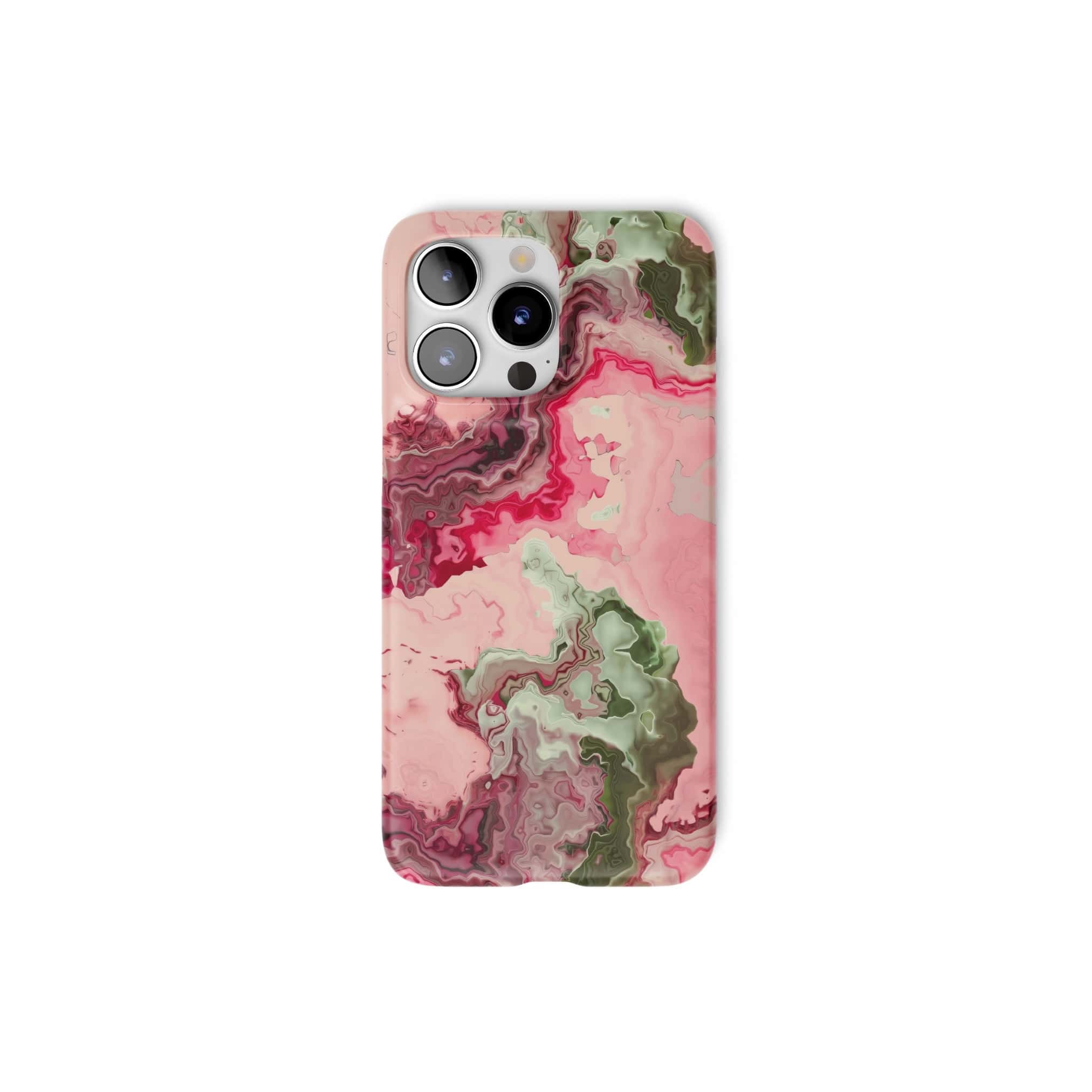 Snap ultra thin phone case with a bold vivid pattern Like Flamingo 1 in marble abstract and artistic style, featuring an elegant and expressive aesthetic design. Main colors are pink and green. Front view.