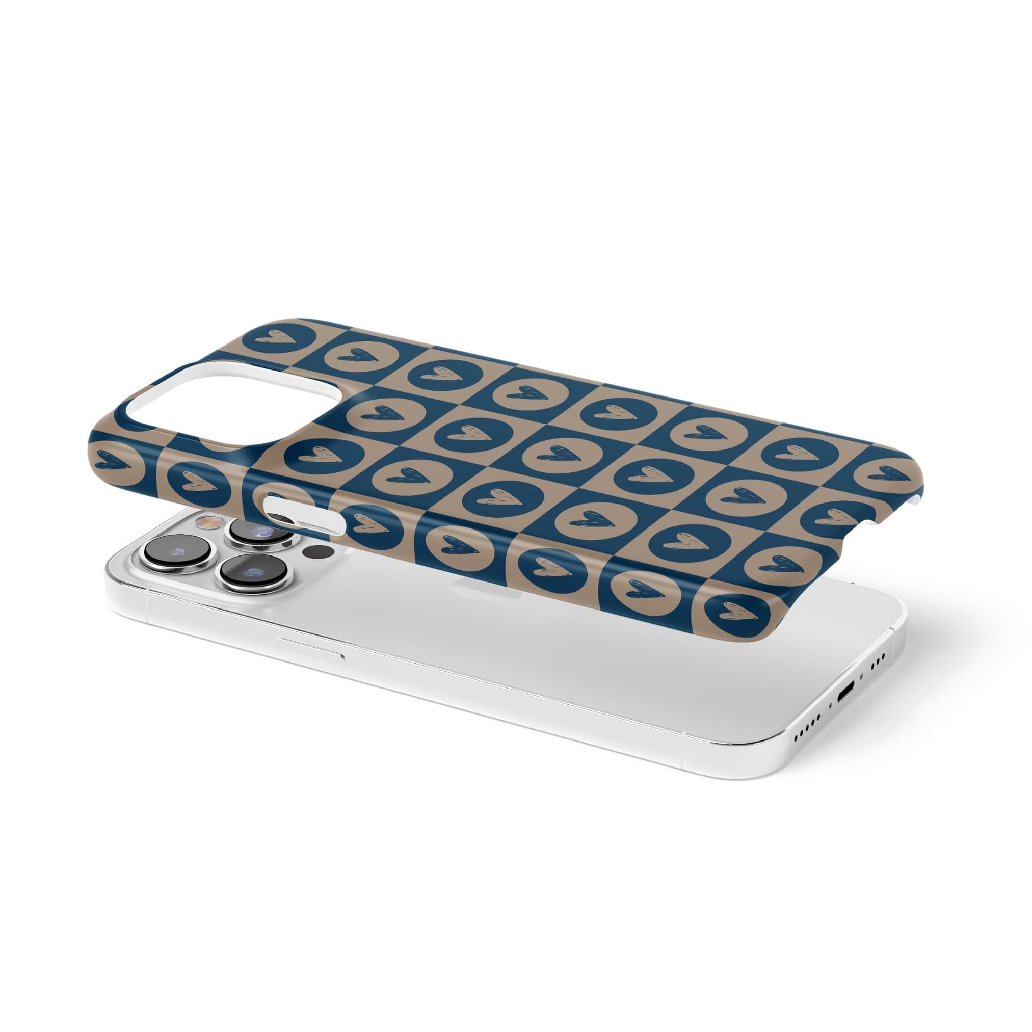 Ultra thin snap snug fit phone case LovDot Blue pattern design with a dynamic geometric symmetry in heart and dot style, featuring an elegant and expressive aesthetic design. Main colors are steel blue and light brown. Extend view.