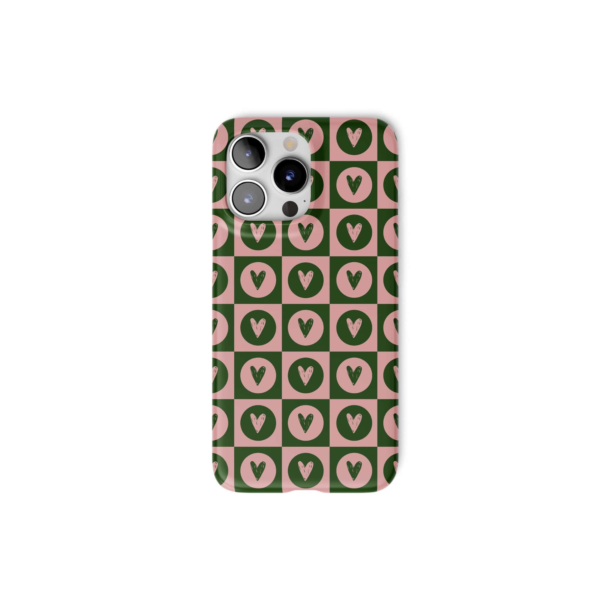 Ultra thin snap snug fit phone case LovDot Vintage Rose pattern design with a dynamic geometric symmetry in heart and dot style, featuring an elegant and expressive aesthetic design. Main colors are vintage pink and green. Front view.