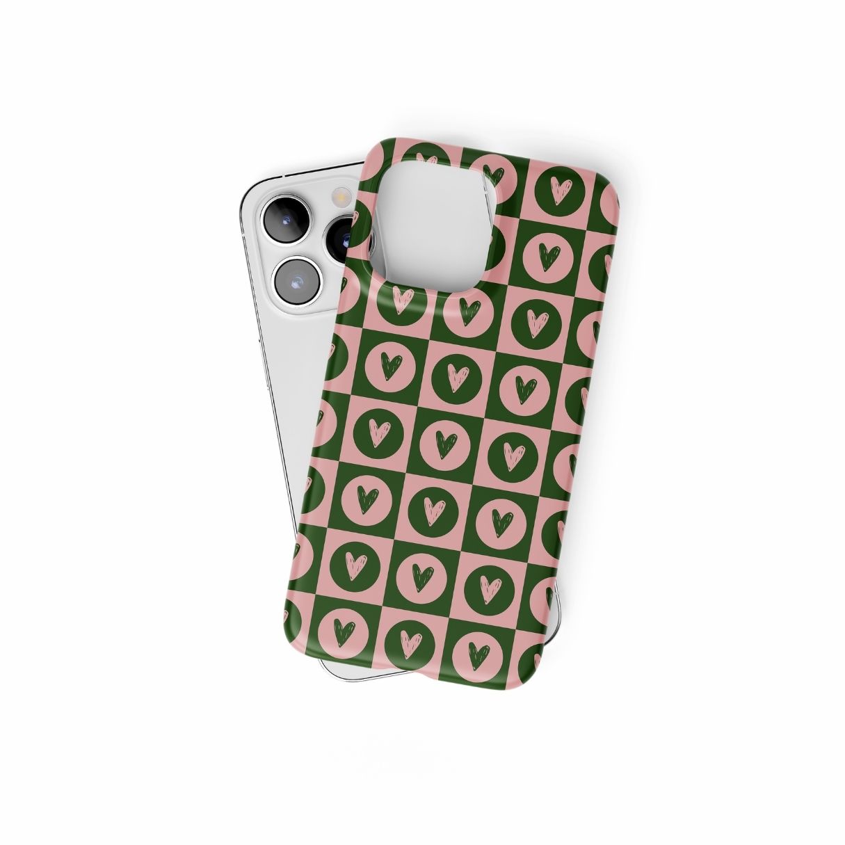 Ultra thin snap snug fit phone case LovDot Vintage Rose pattern design with a dynamic geometric symmetry in heart and dot style, featuring an elegant and expressive aesthetic design. Main colors are vintage pink and green. Front view.