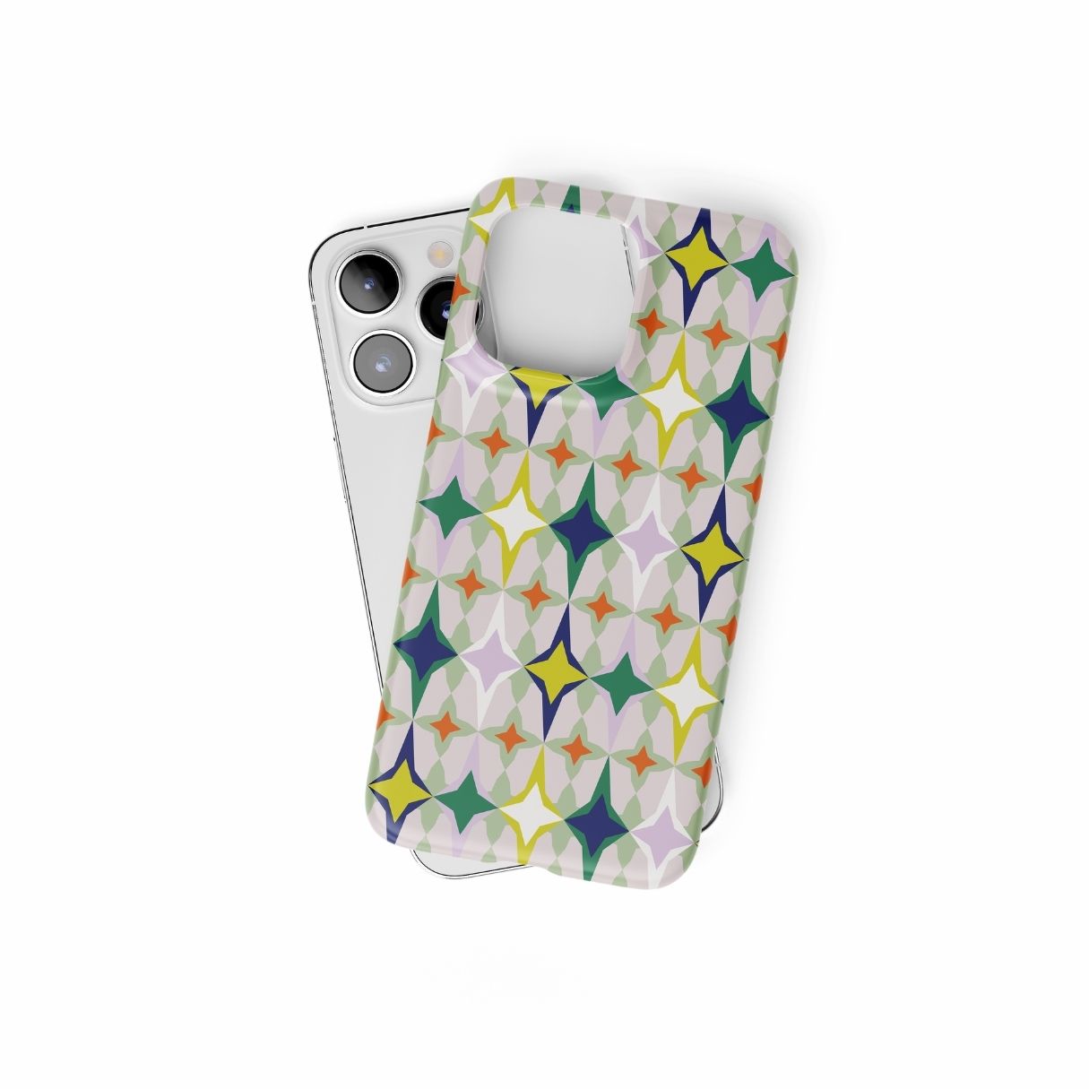 Snap phone case Magic Spring pattern design with a dynamic geometric symmetry in geometric style, featuring an elegant and expressive aesthetic design. Main colors are green, yellow, orange red and deep blue. Front view.