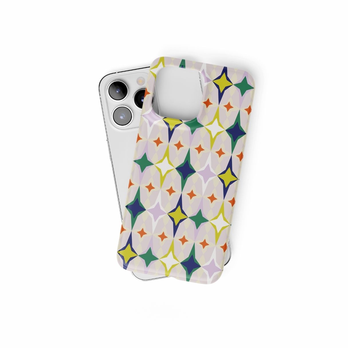 Snap phone case Magic Summer pattern design with a dynamic geometric symmetry in geometric style, featuring an elegant and expressive aesthetic design. Main colors are green, yellow, orange red and lilac. Front view.