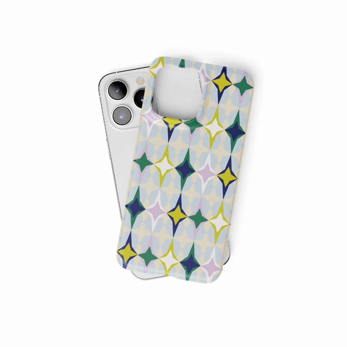 Snap phone case Magic Winter pattern design with a dynamic geometric symmetry in geometric style, featuring an elegant and expressive aesthetic design. Main colors are divine blue, yellow, green and deep blue. Front view.